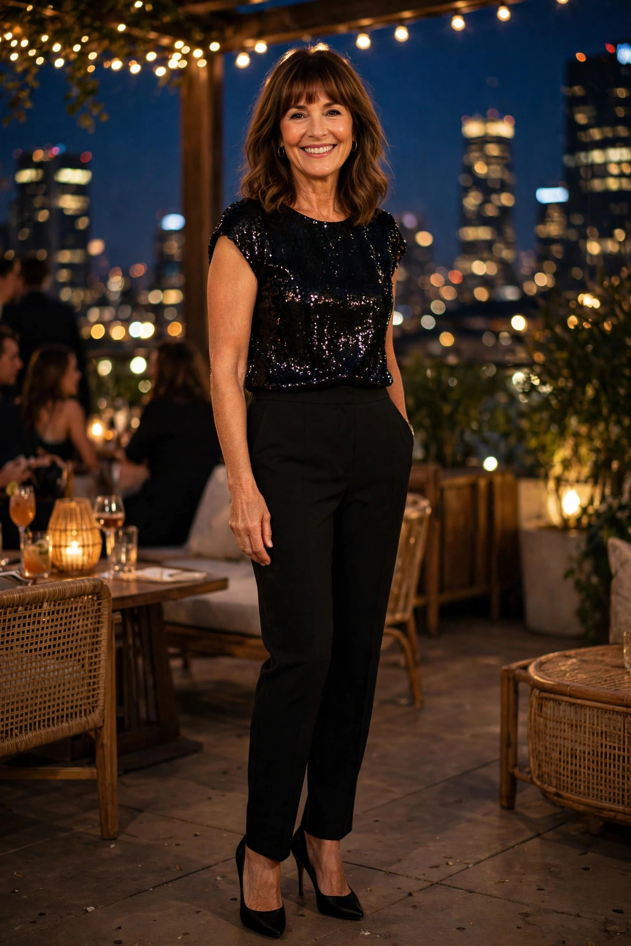 Smiling woman wearing a black sequin top with tailored black trousers and heels at a night party