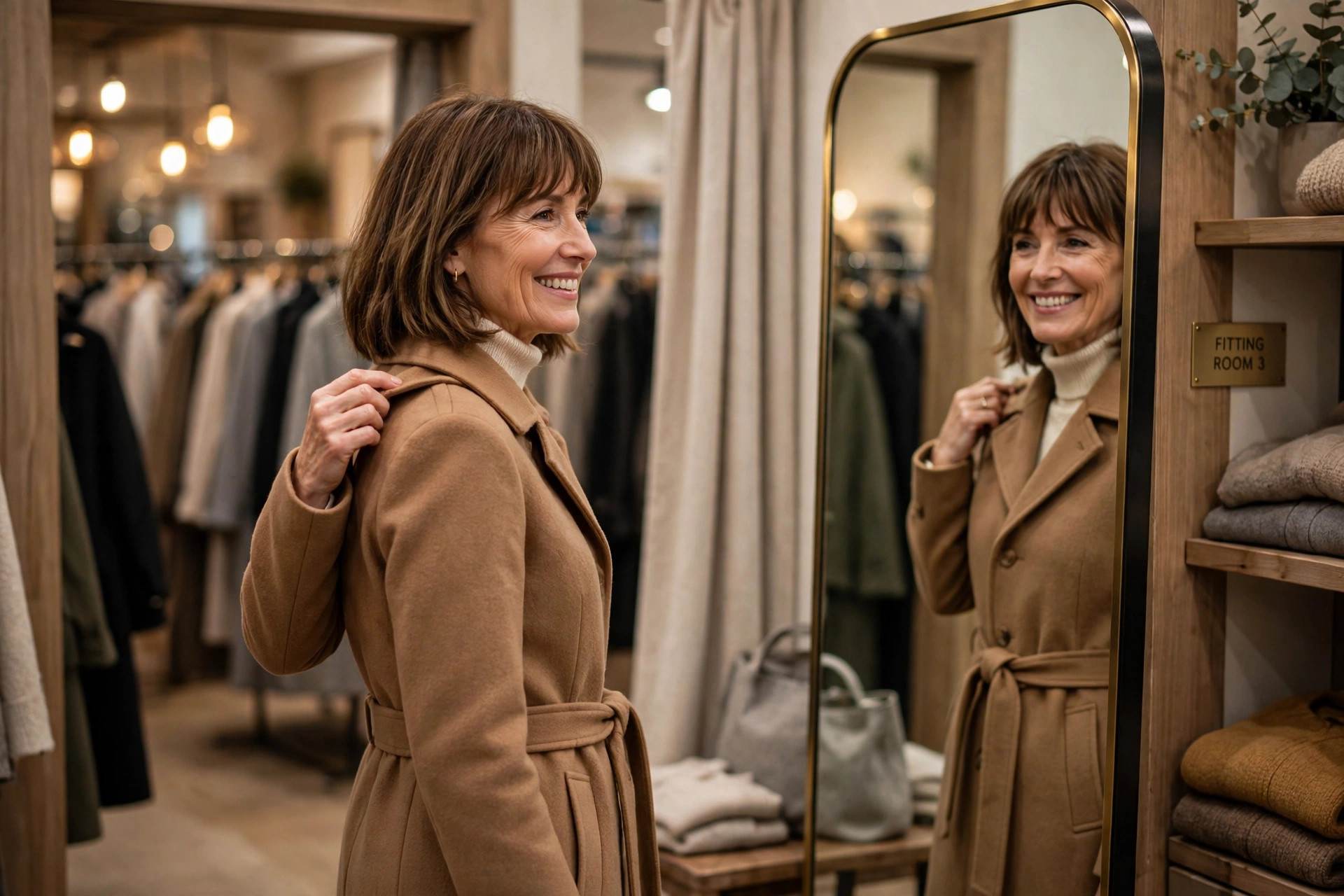Petite woman checking shoulder fit of a wool coat in a fitting room mirror, petite winter coats fit guide