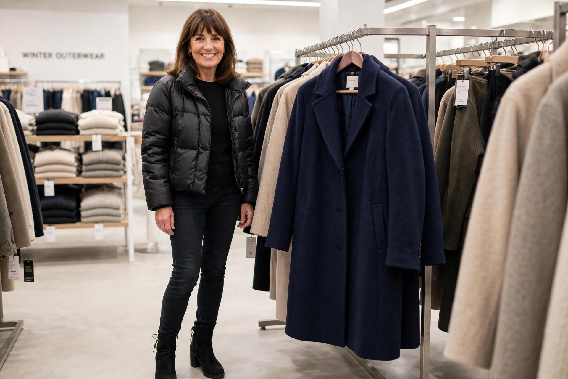 Side by side comparison of cropped puffer and knee-length wool coat on petite woman, petite winter coats length guide