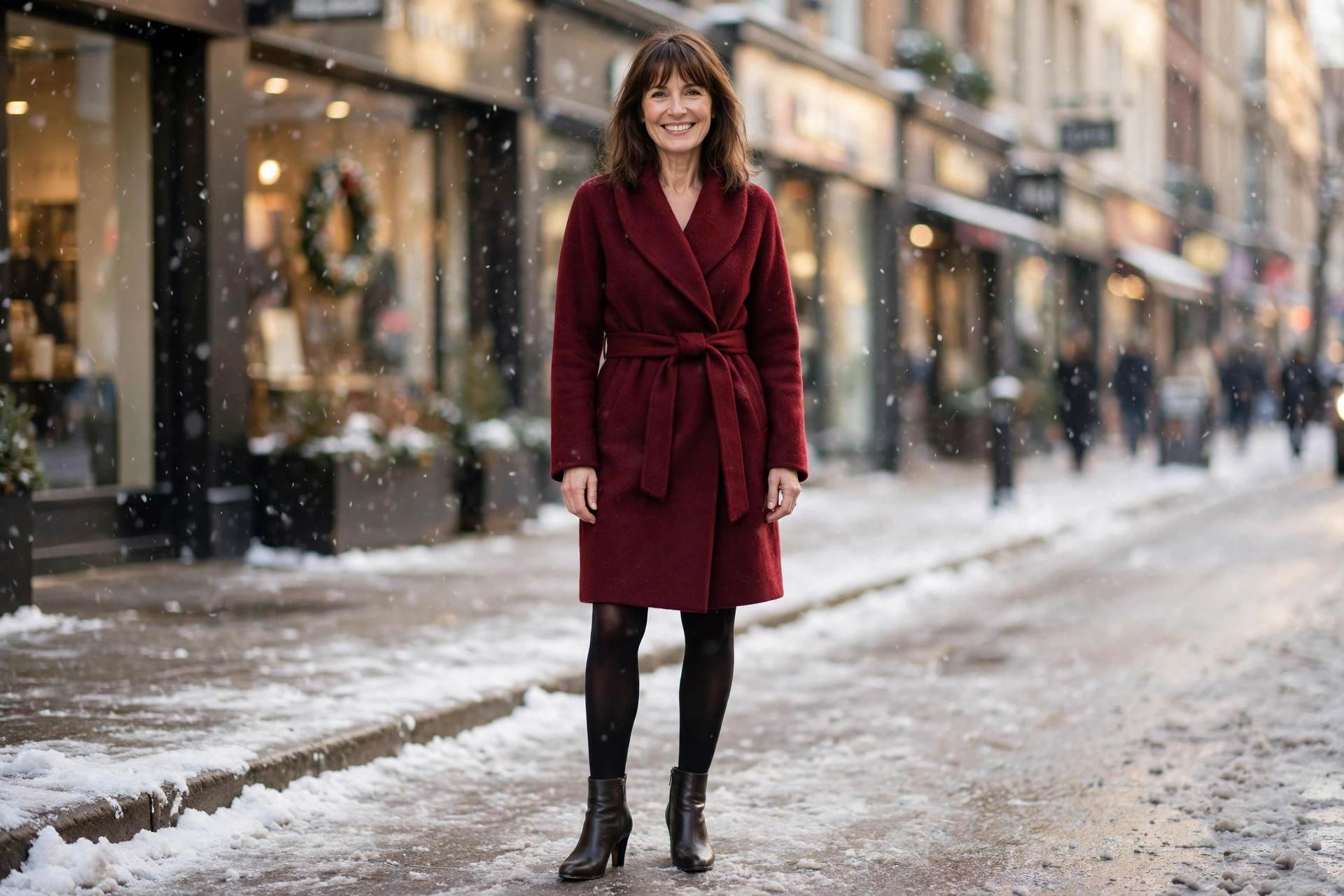 Petite woman wearing a belted wrap coat on a winter city street, petite winter coats styling