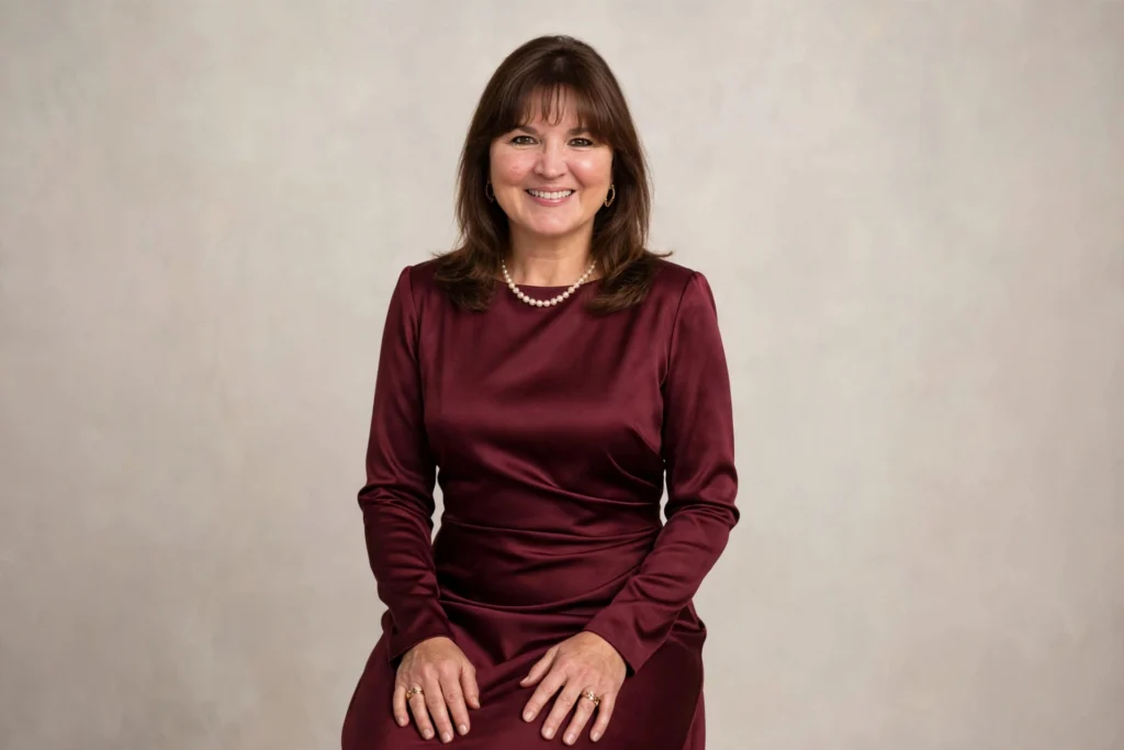 Smiling woman with shoulder-length brown hair and bangs in a burgundy satin gown with a pearl necklace