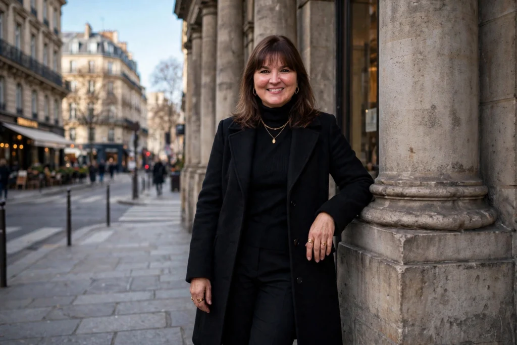 Smiling woman with shoulder-length brown hair and bangs in a black tailored winter coat on a city street