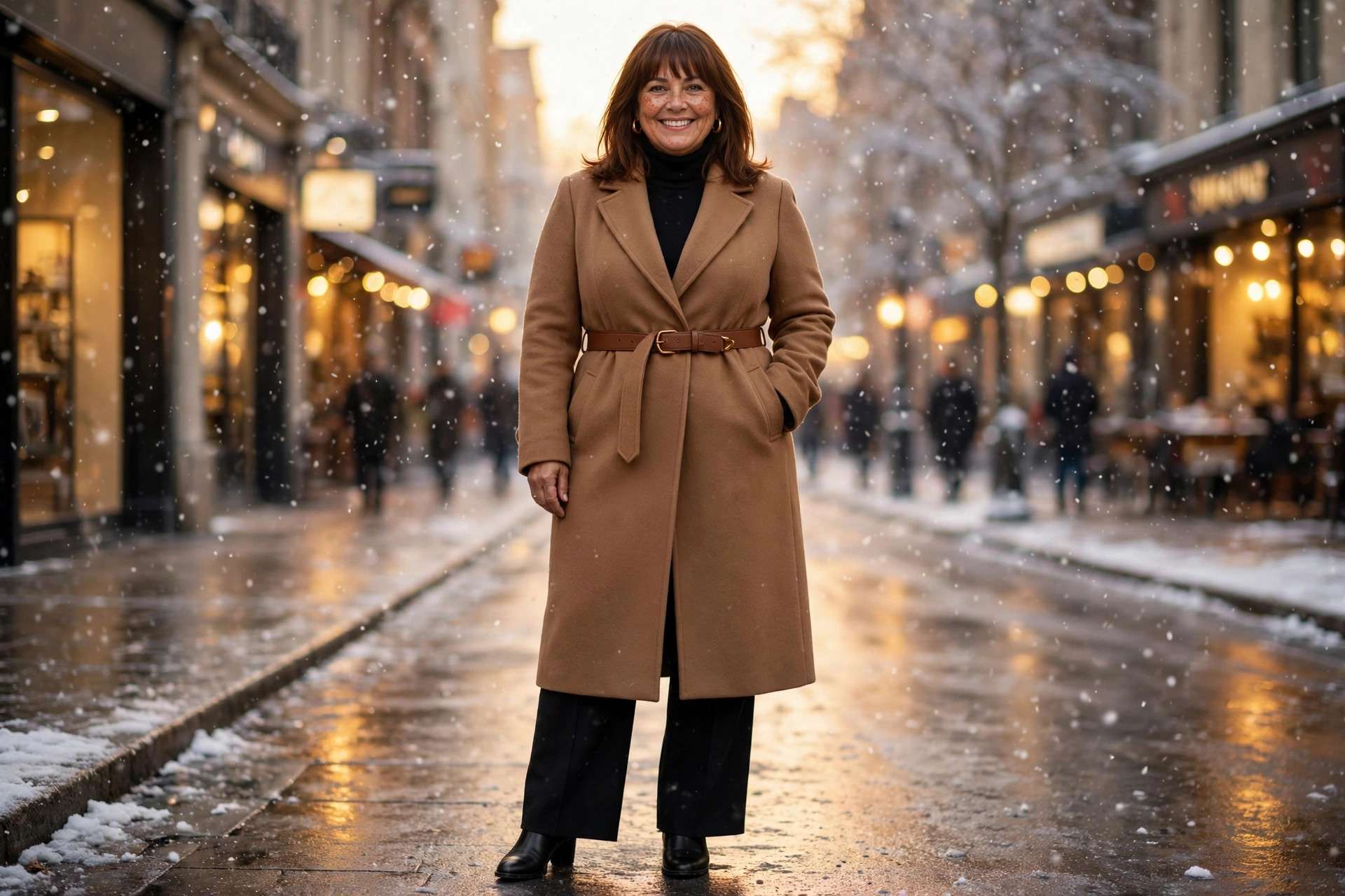 Plus size woman wearing a belted wool wrap coat, plus size winter coats that don't look bulky