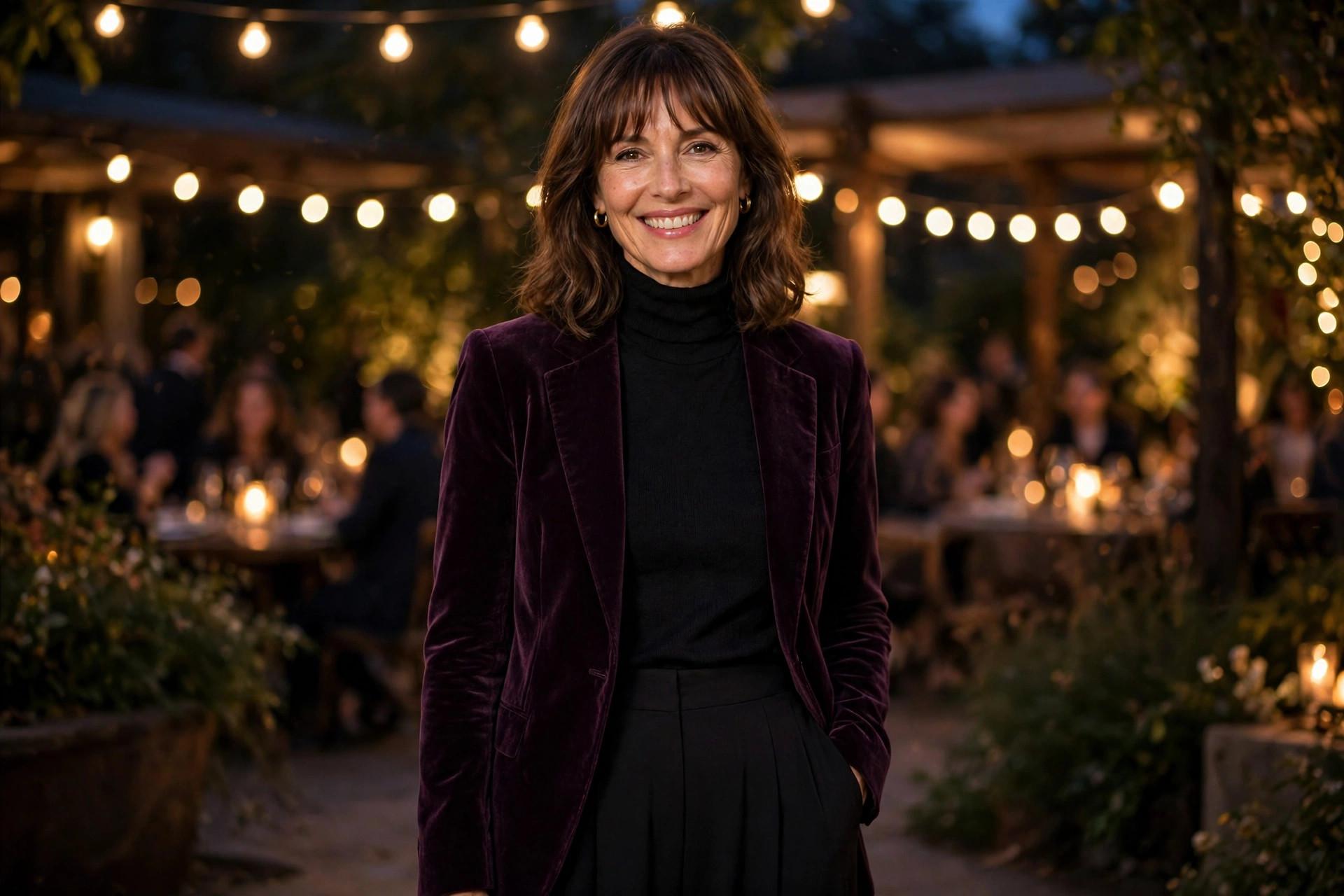 Smiling woman with shoulder-length brown hair and bangs wearing a dark plum velvet blazer, a poetcore outfits evening look