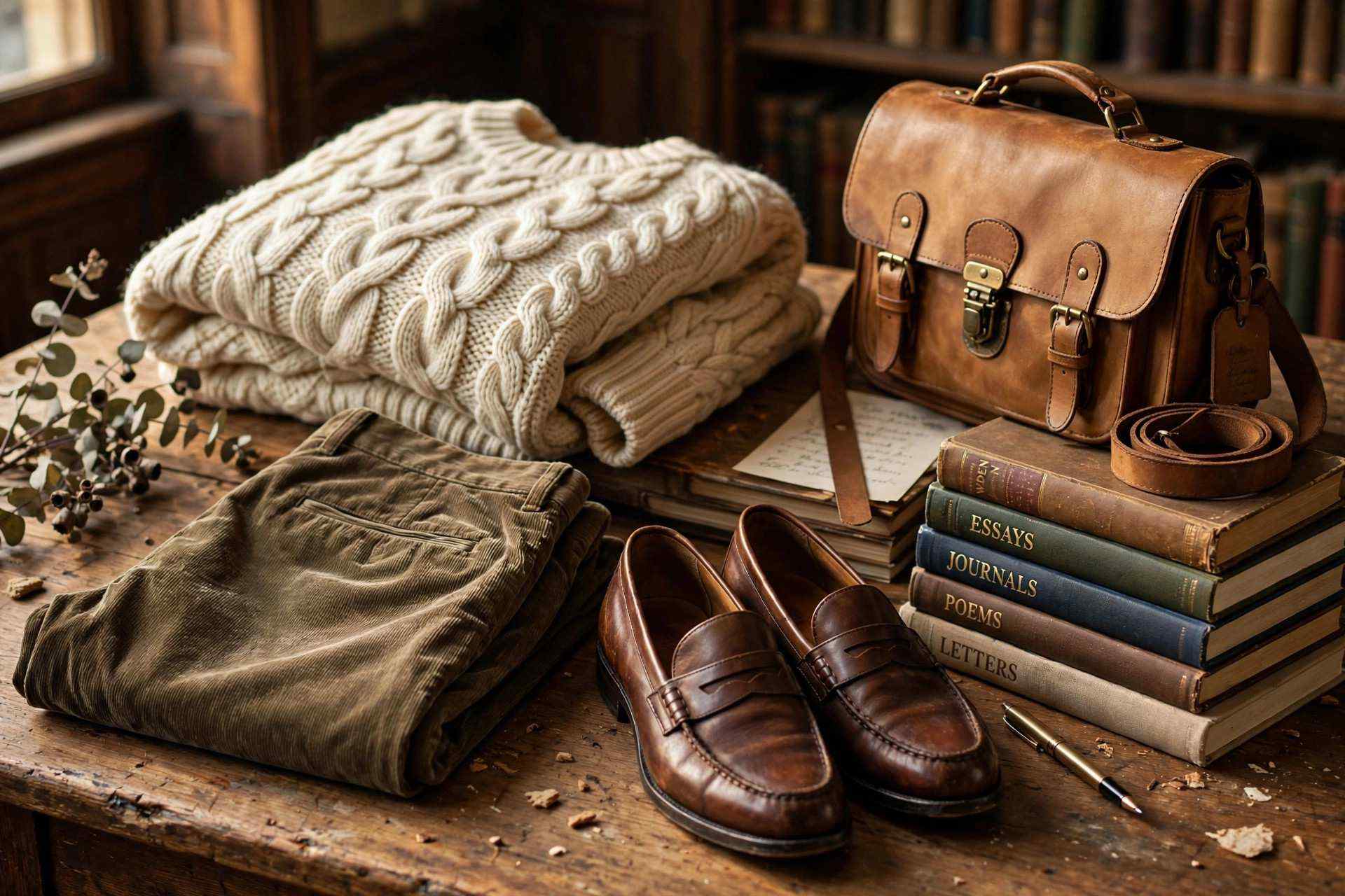 Cable-knit sweater, corduroy trousers, loafers and a leather satchel on a library table, poetcore outfits essentials