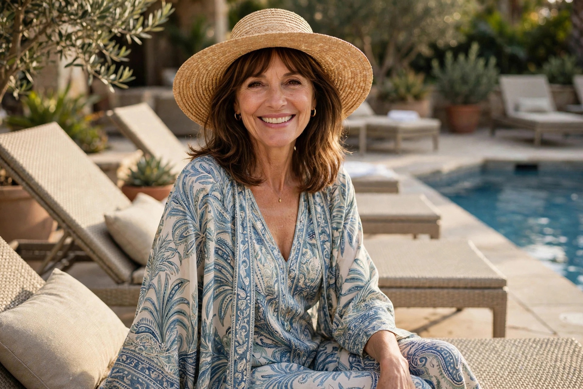 Smiling woman in a blue and white paisley kaftan with a straw wide-brim hat at a resort pool