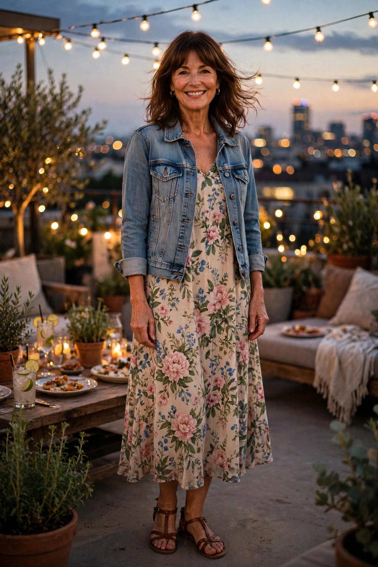 Smiling woman wearing a floral midi dress with a denim jacket at a rooftop party in the evening breeze