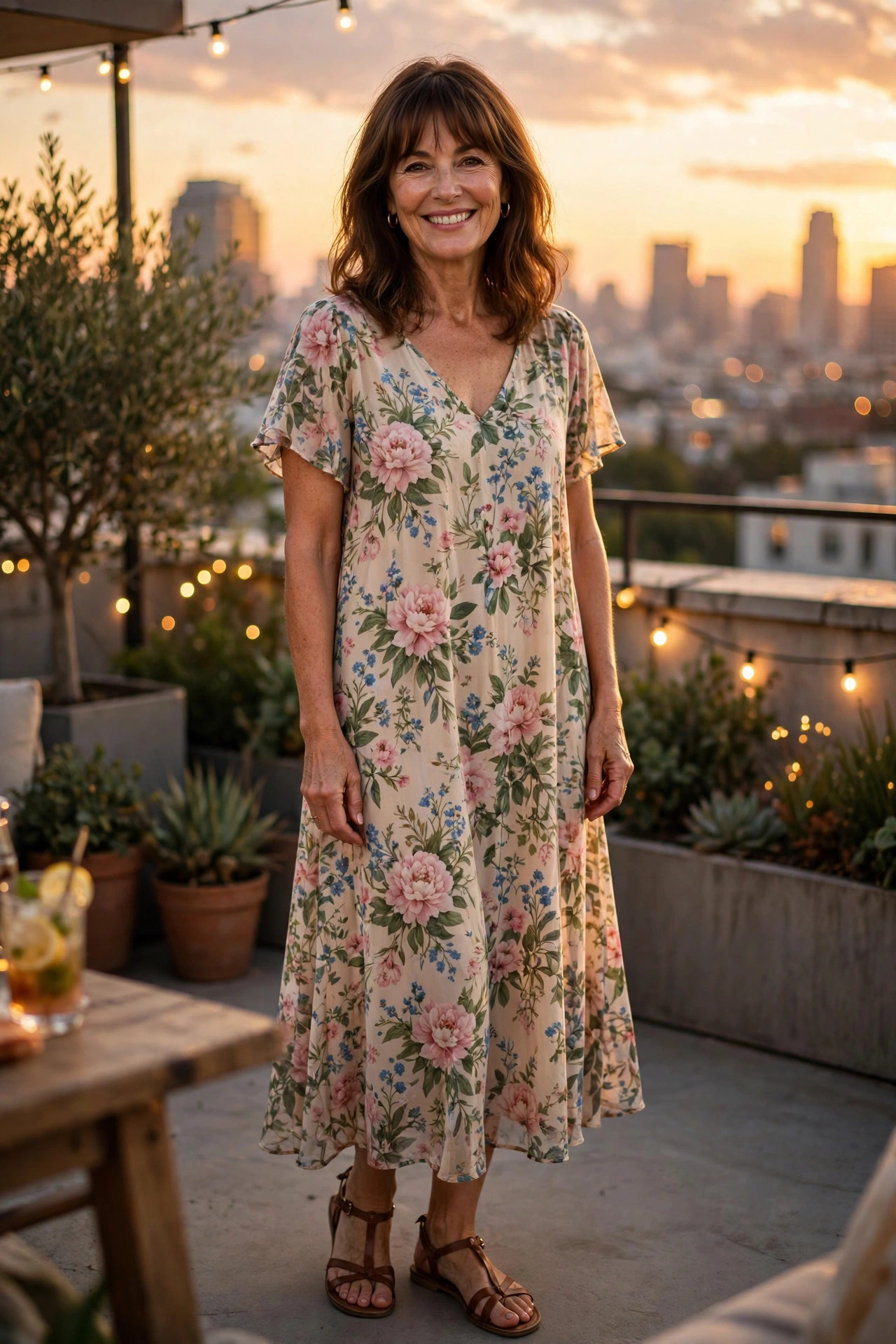 Smiling woman in a pink floral flowy midi dress with sandals at a rooftop party at sunset with the city skyline