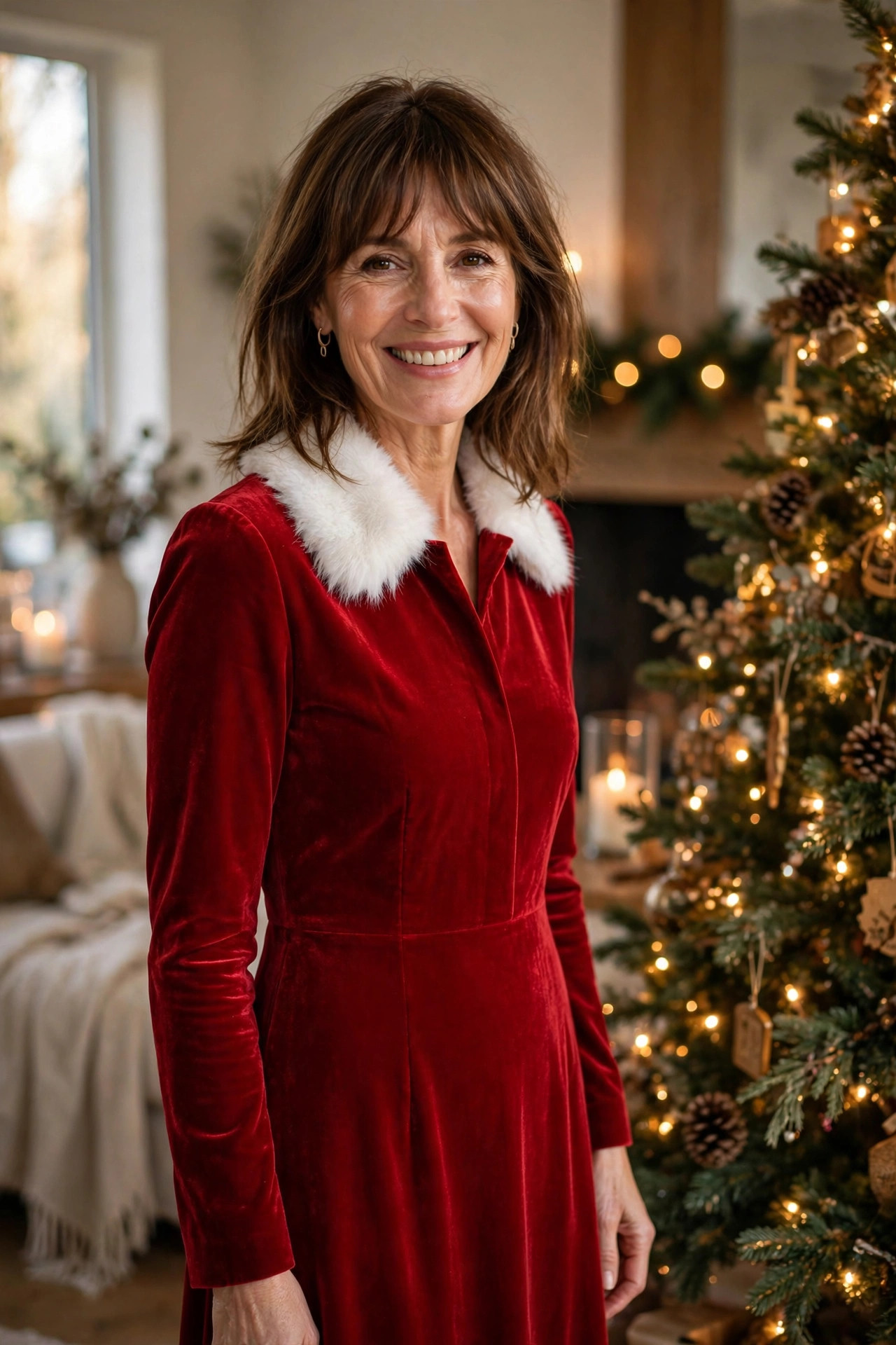 Smiling woman with shoulder-length brown hair and bangs wearing a red velvet dress with a white faux fur collar, standing beside a lit Christmas tree, one of the featured Santa inspired Christmas outfits