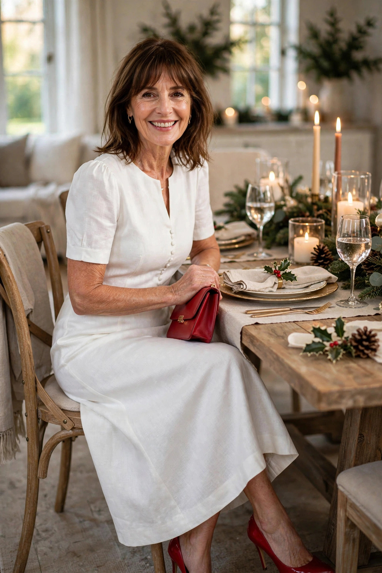 Smiling woman with shoulder-length brown hair and bangs wearing a white midi dress with red heels and a red clutch at a candlelit holiday dinner, a Santa inspired Christmas outfit idea
