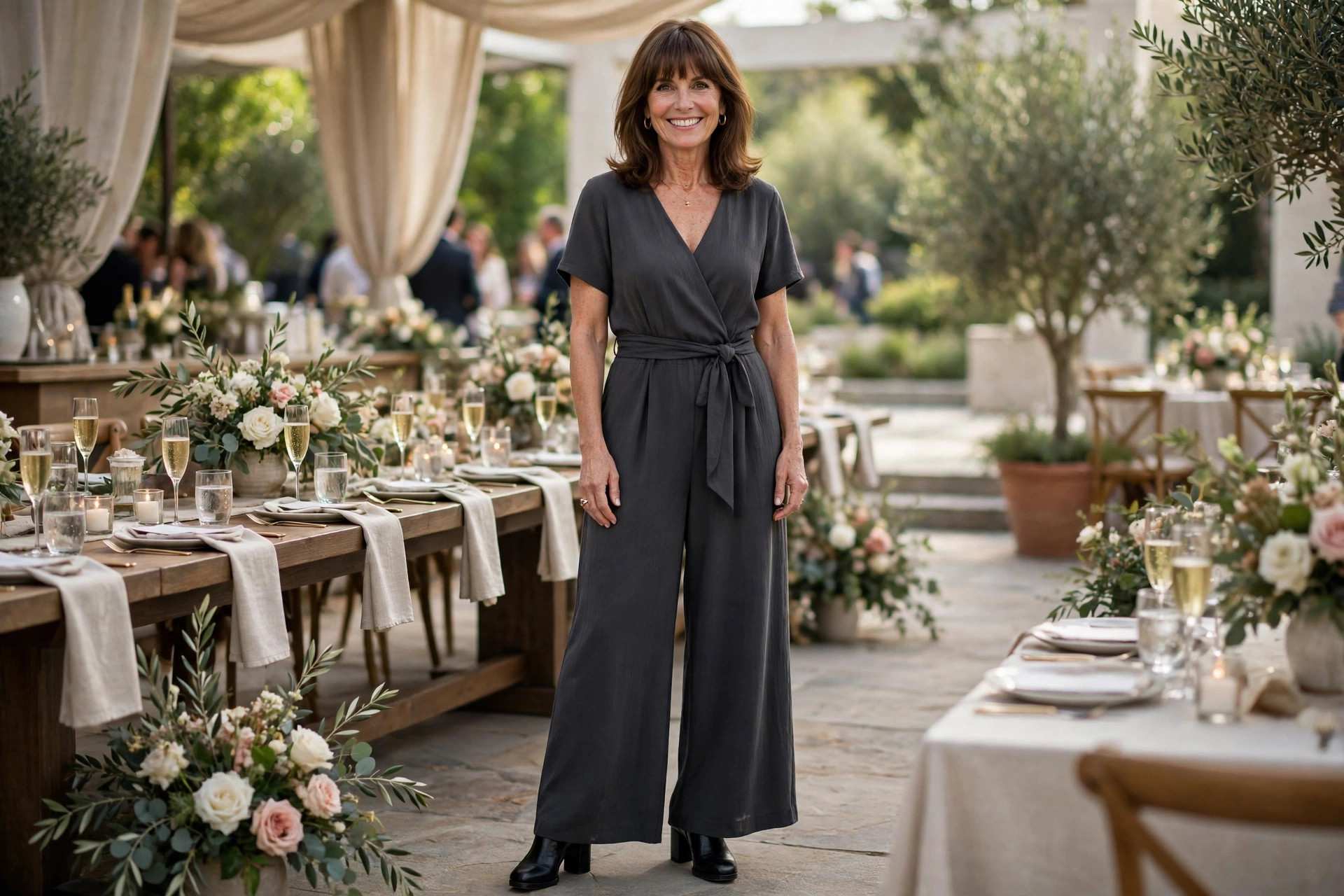 Smiling woman with shoulder-length brown hair and bangs wearing a charcoal crepe wide-leg jumpsuit at a semi-formal event