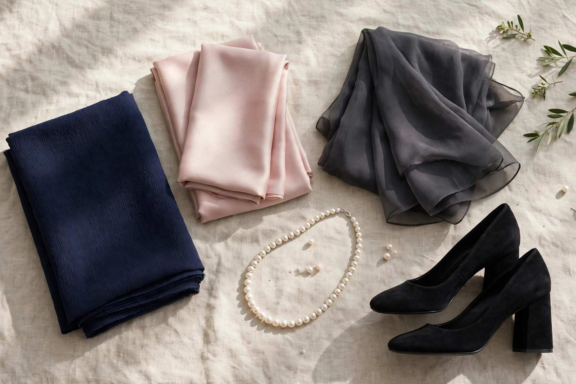 Flat lay of semi-formal fabrics and colors with navy crepe, blush silk, and pearl jewelry, a semi-formal dress code palette