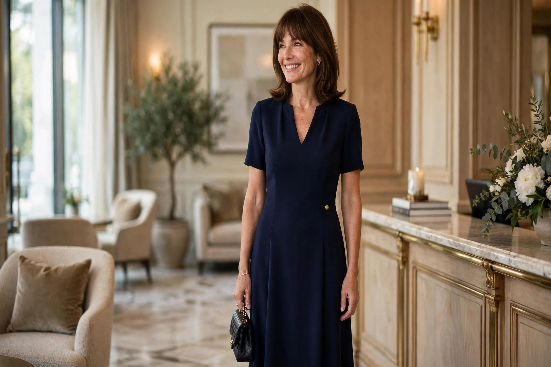 Smiling woman with shoulder-length brown hair and bangs wearing a navy crepe midi dress, a semi-formal dress code outfit