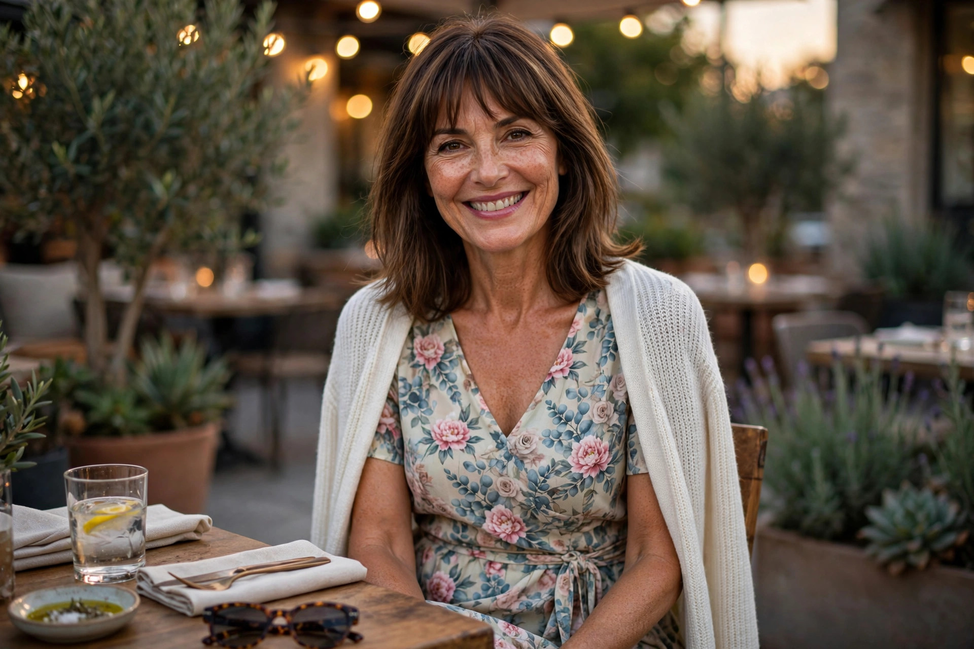 Smiling woman with shoulder-length brown hair and bangs wearing a pink floral midi dress with a cream cardigan, seated at an outdoor restaurant patio at dusk, a spring dinner outfit
