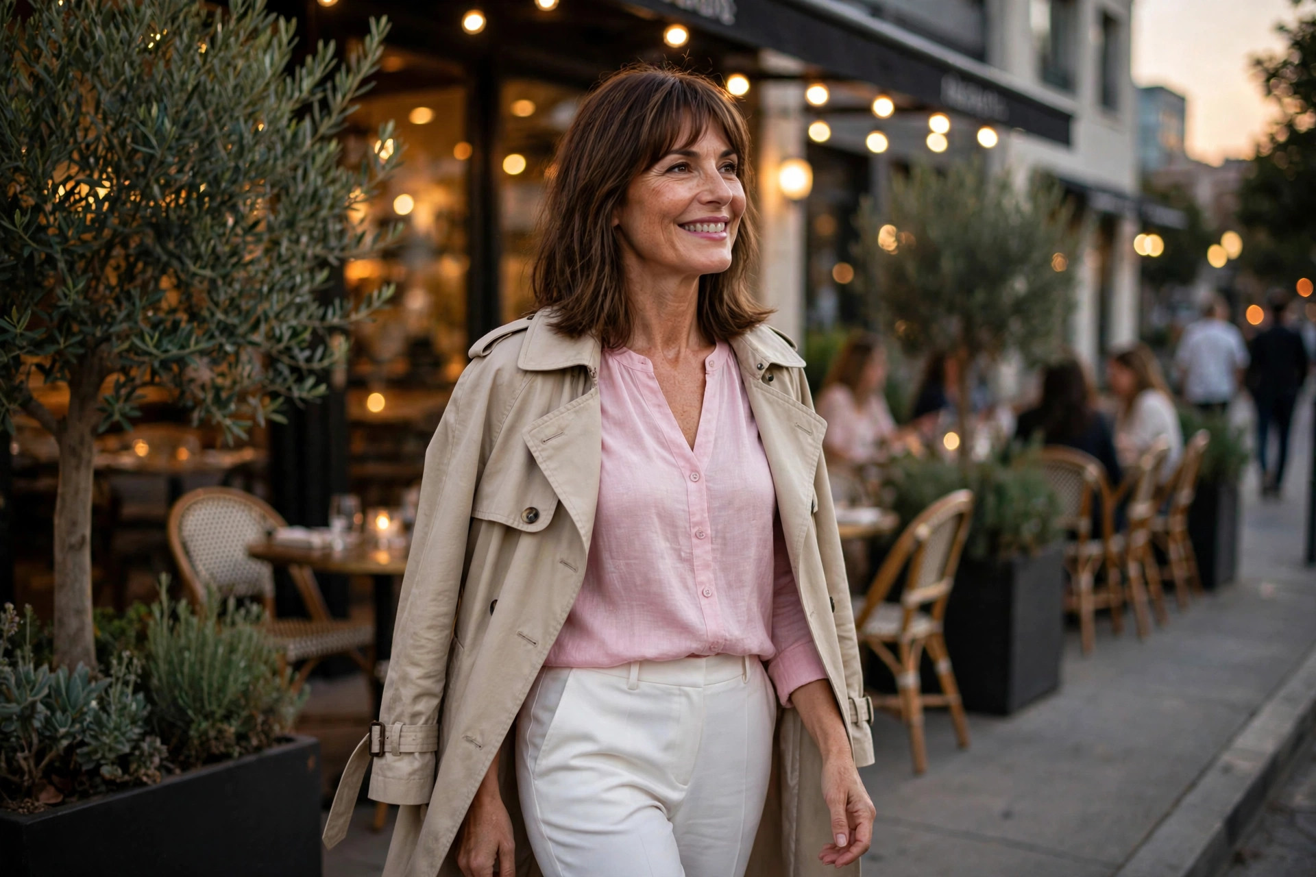 Smiling woman with shoulder-length brown hair and bangs wearing a pink blouse, white trousers, and a beige trench coat, walking past a cafe in the evening, a layered spring dinner outfit