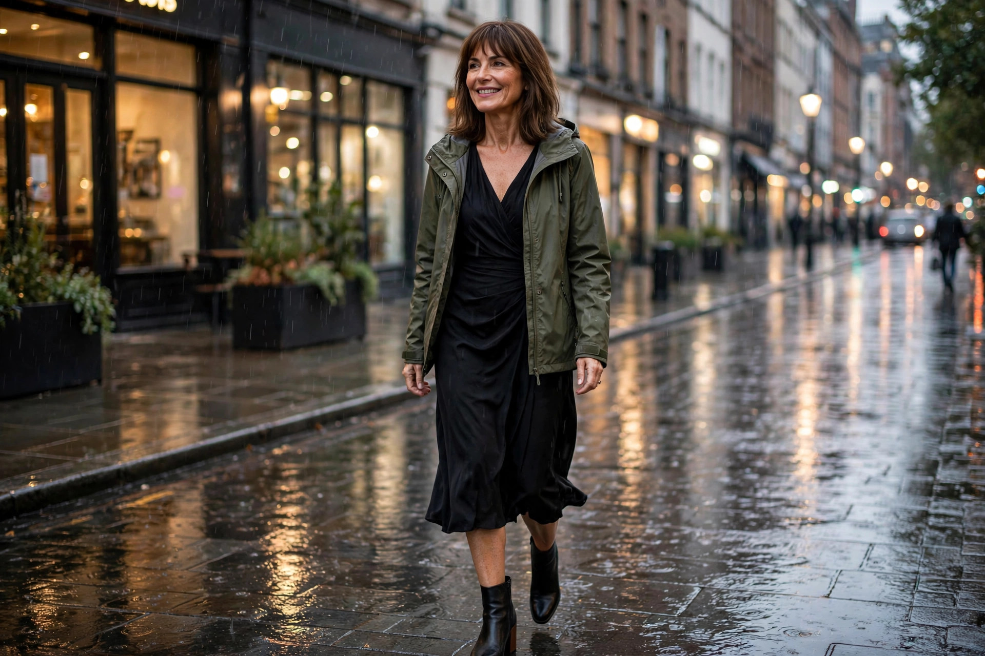Smiling woman with shoulder-length brown hair and bangs wearing a black dress with an olive green rain jacket and black ankle boots, walking on a rainy city street, a rain-ready spring dinner outfit