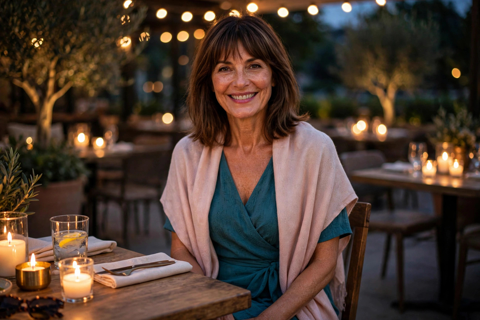 Smiling woman with shoulder-length brown hair and bangs wearing a teal wrap dress with a blush pink pashmina shawl, seated at a candlelit restaurant table, a spring dinner outfit