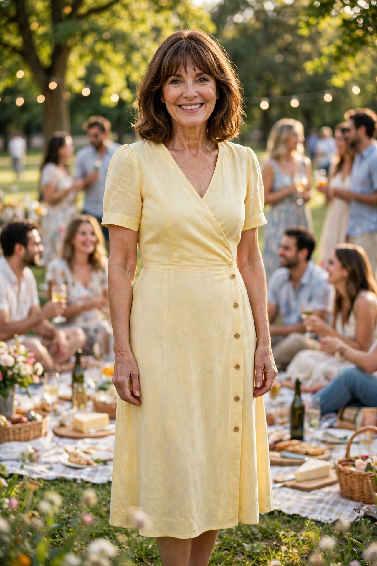 Smiling woman with shoulder-length brown hair and bangs wearing a light yellow wrap midi dress at a sunny outdoor spring party with guests behind her, a breathable spring party outfit