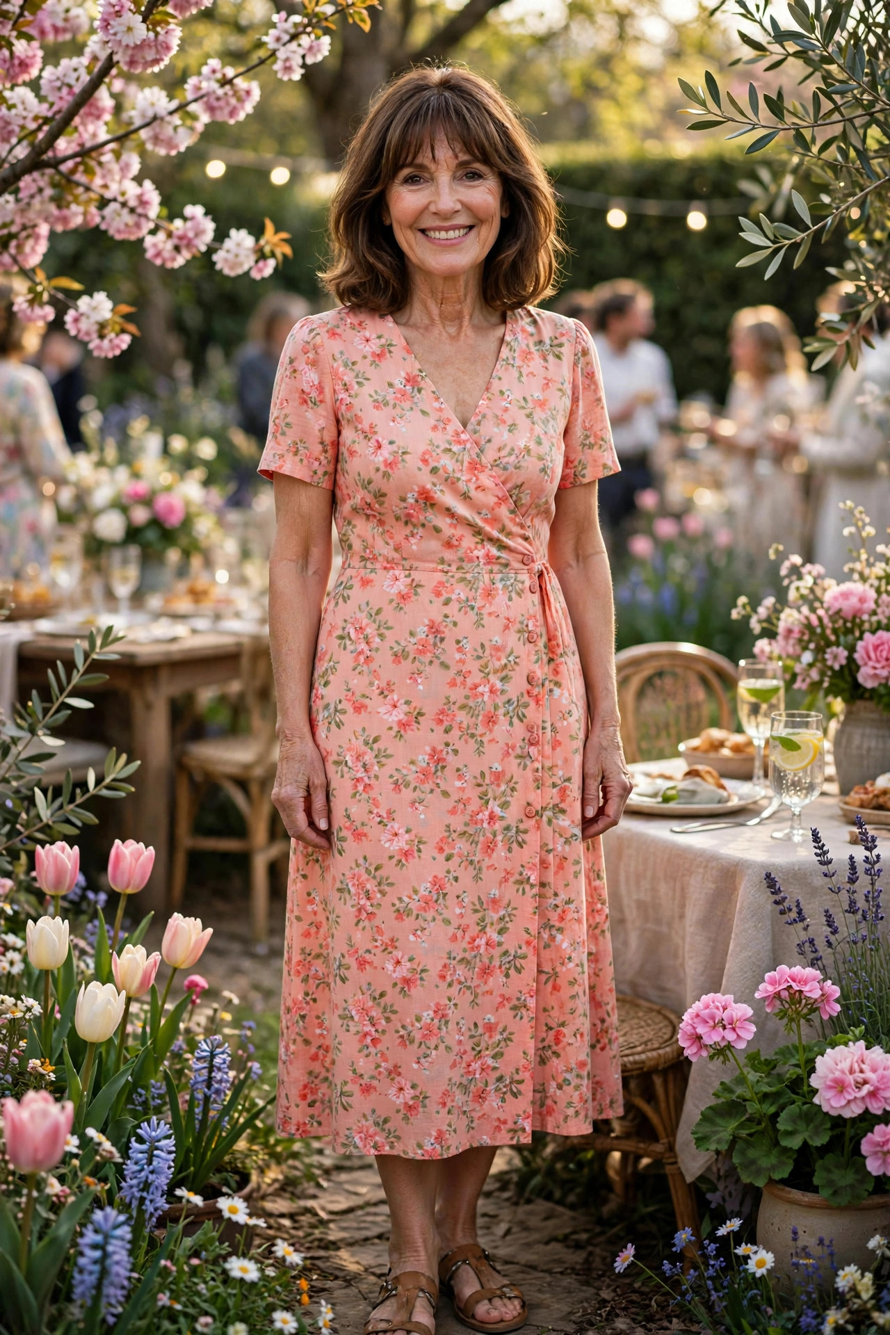 Smiling woman with shoulder-length brown hair and bangs wearing a coral floral midi dress with flat sandals at a casual spring party with string lights, a budget-friendly spring party outfit