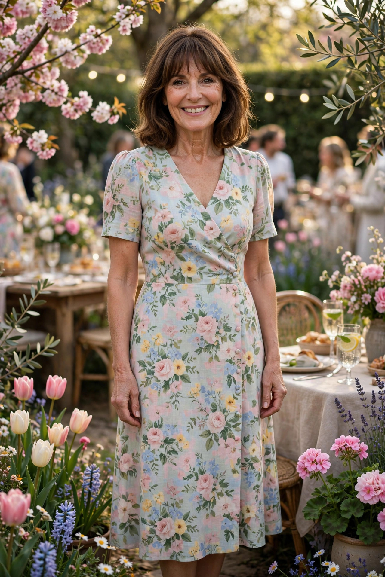 Smiling woman with shoulder-length brown hair and bangs wearing a pastel floral midi dress among tulips and cherry blossoms at a spring garden party, one of the featured spring party outfits