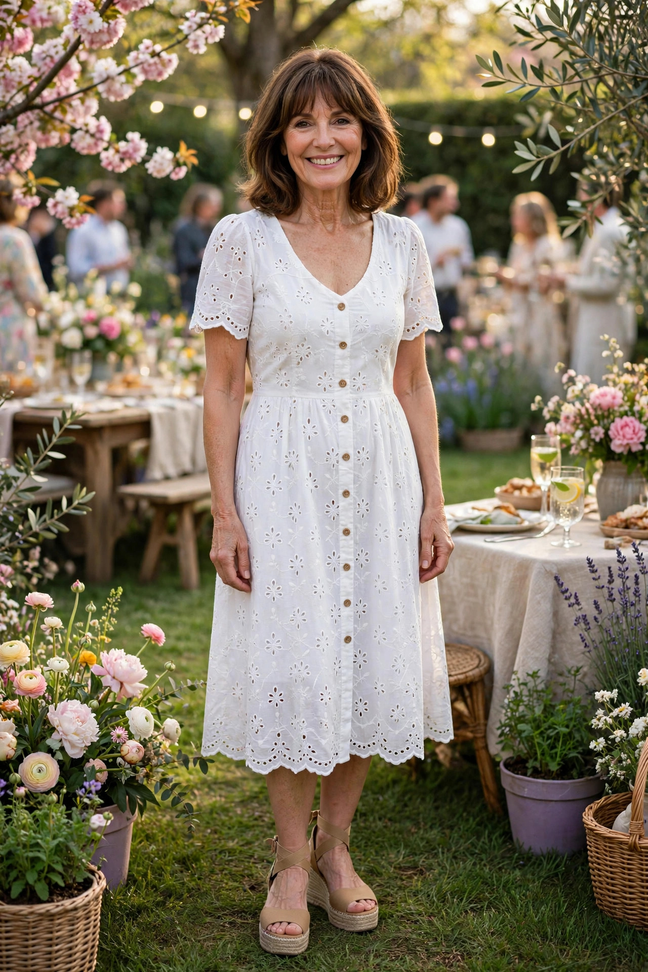Smiling woman with shoulder-length brown hair and bangs wearing a white eyelet midi dress with tan wedge espadrilles, standing on grass at an outdoor spring party