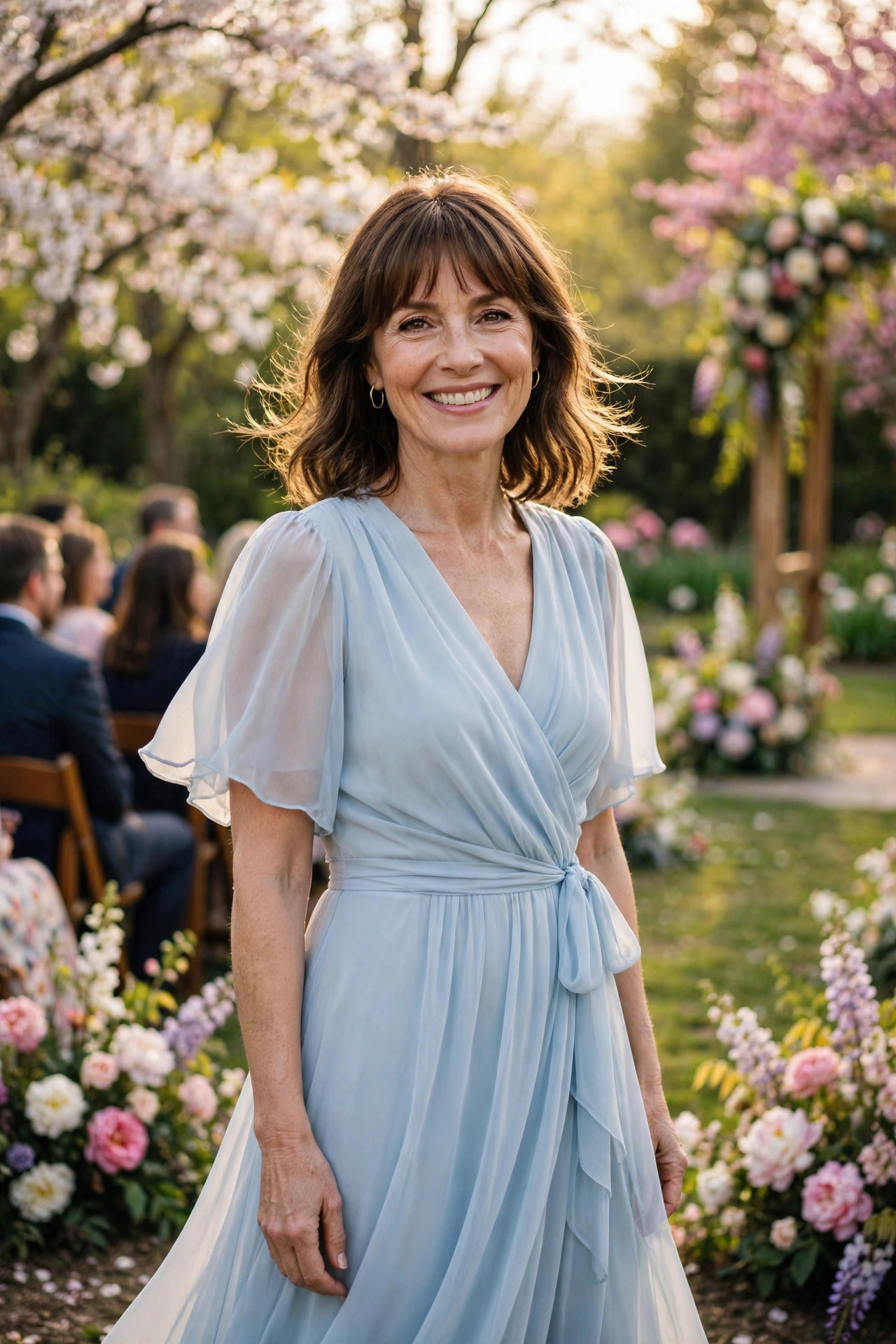 Smiling woman with shoulder-length brown hair and bangs wearing a flowing light blue chiffon dress at a blooming garden spring wedding, a spring wedding guest outfit