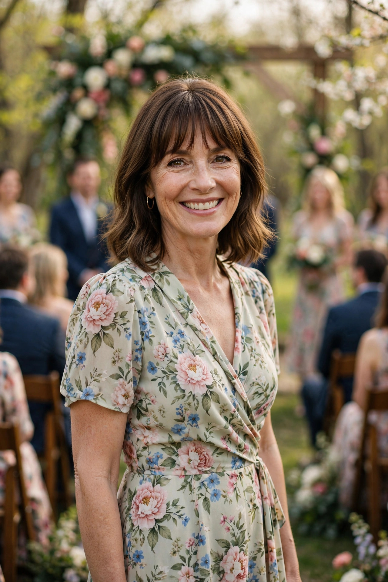 Smiling woman with shoulder-length brown hair and bangs wearing a pink and blue floral wrap midi dress at an outdoor spring wedding ceremony, a spring wedding guest outfit