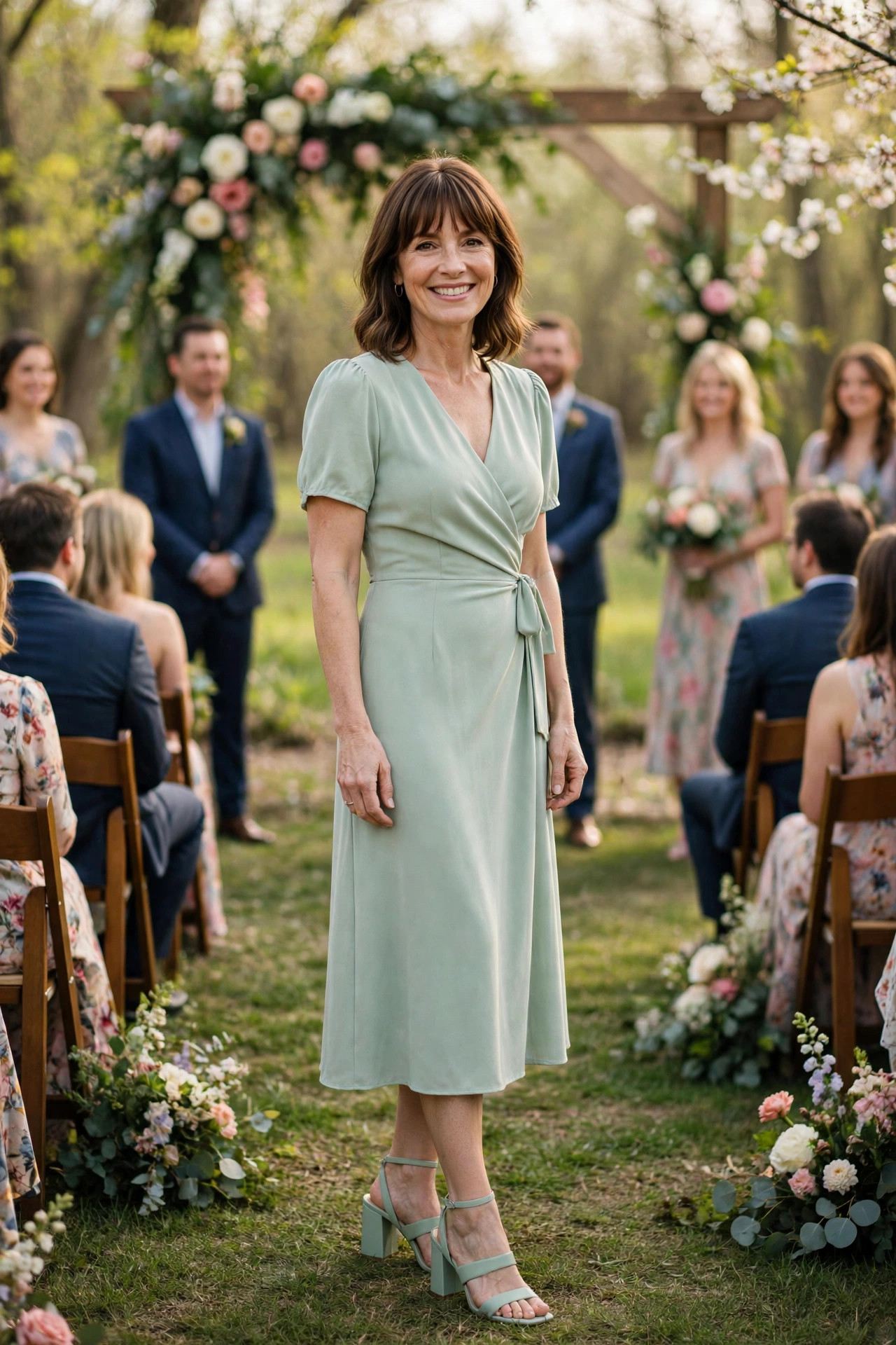 Smiling woman with shoulder-length brown hair and bangs wearing a sage green wrap midi dress with matching block-heel sandals, standing on the grass at an outdoor spring wedding ceremony
