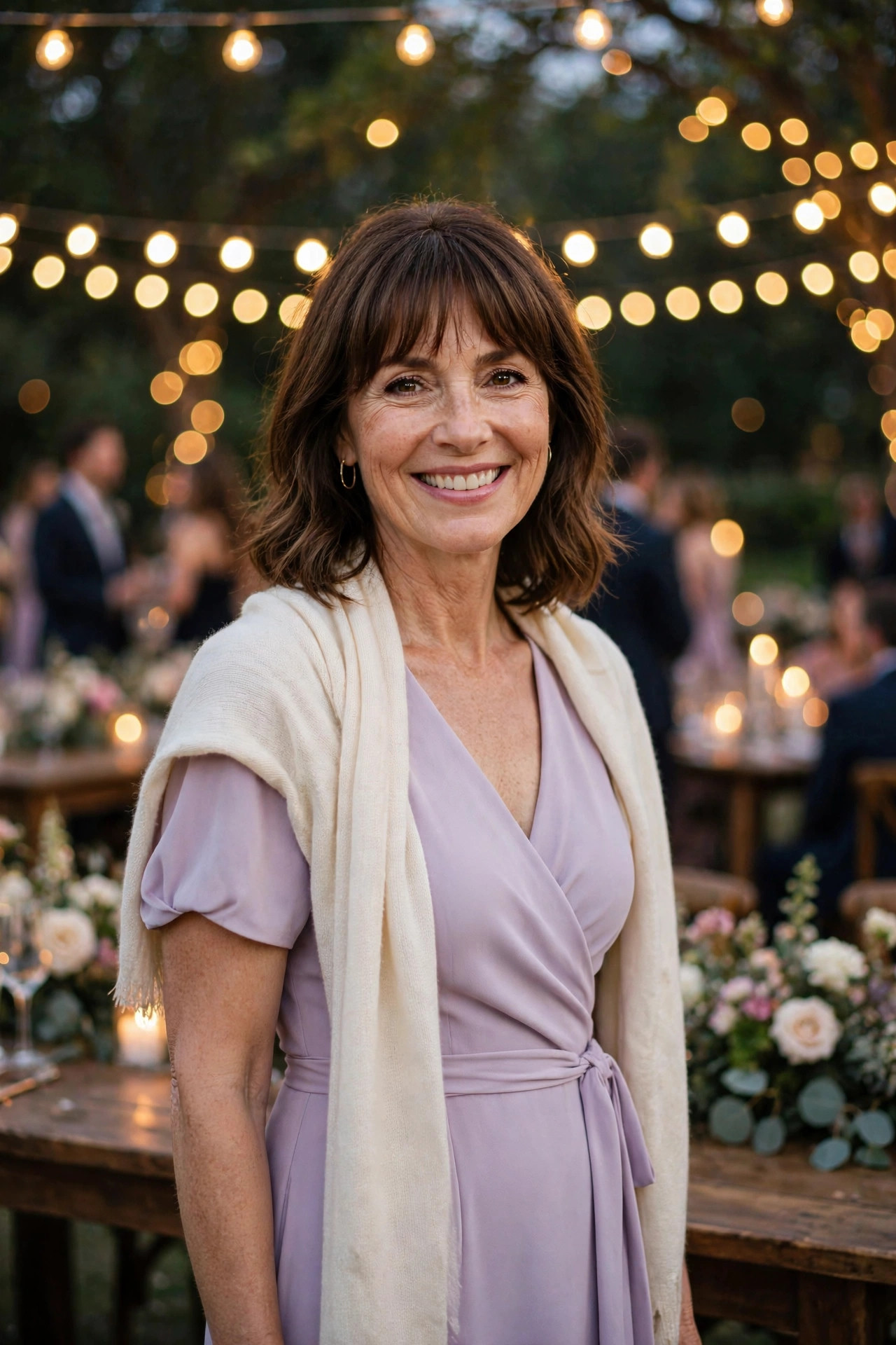 Smiling woman with shoulder-length brown hair and bangs wearing a lavender wrap dress with a cream pashmina shawl at a spring wedding evening reception with string lights
