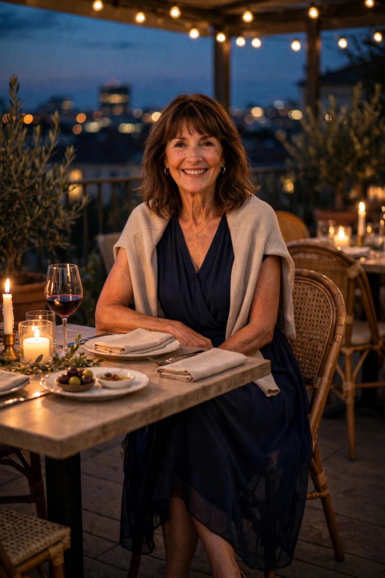 Smiling woman with shoulder-length brown hair and bangs wearing a navy chiffon midi dress with a beige wrap, seated at a candlelit dinner table, a summer dinner outfit