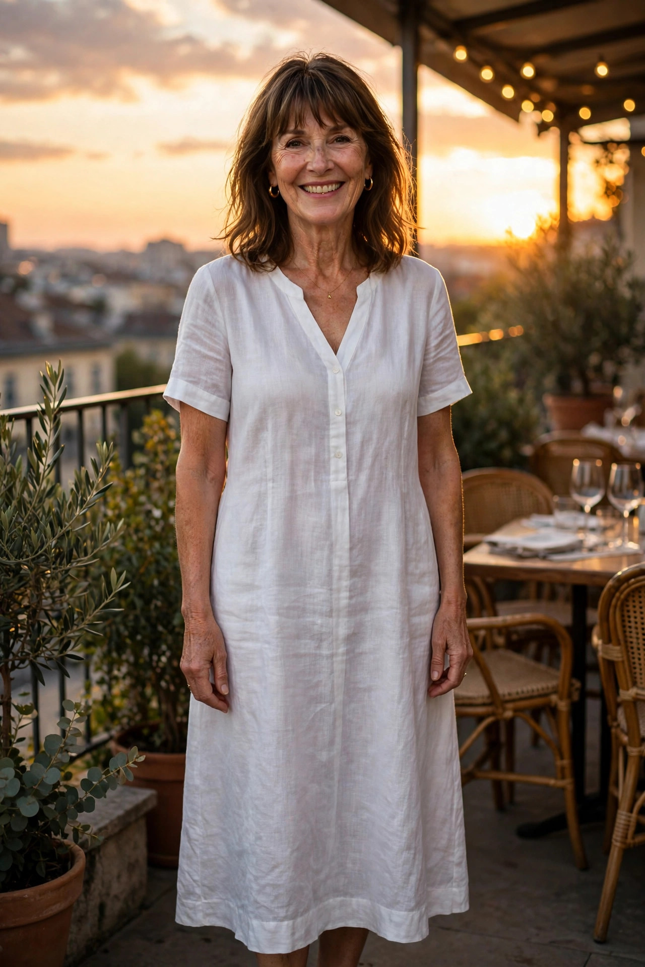 Smiling woman with shoulder-length brown hair and bangs wearing a white linen midi dress on a restaurant terrace at sunset, a summer dinner outfit