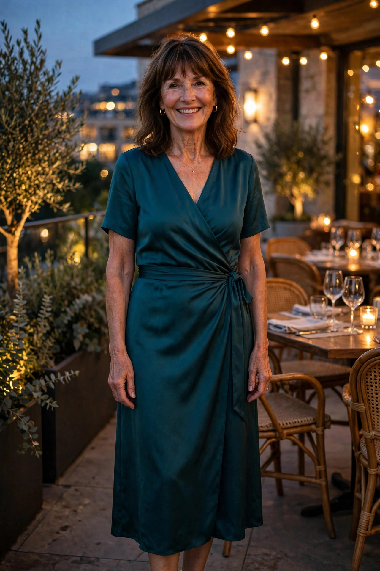 Smiling woman with shoulder-length brown hair and bangs wearing a teal wrap midi dress, standing outside a restaurant in the evening, a polished summer dinner outfit