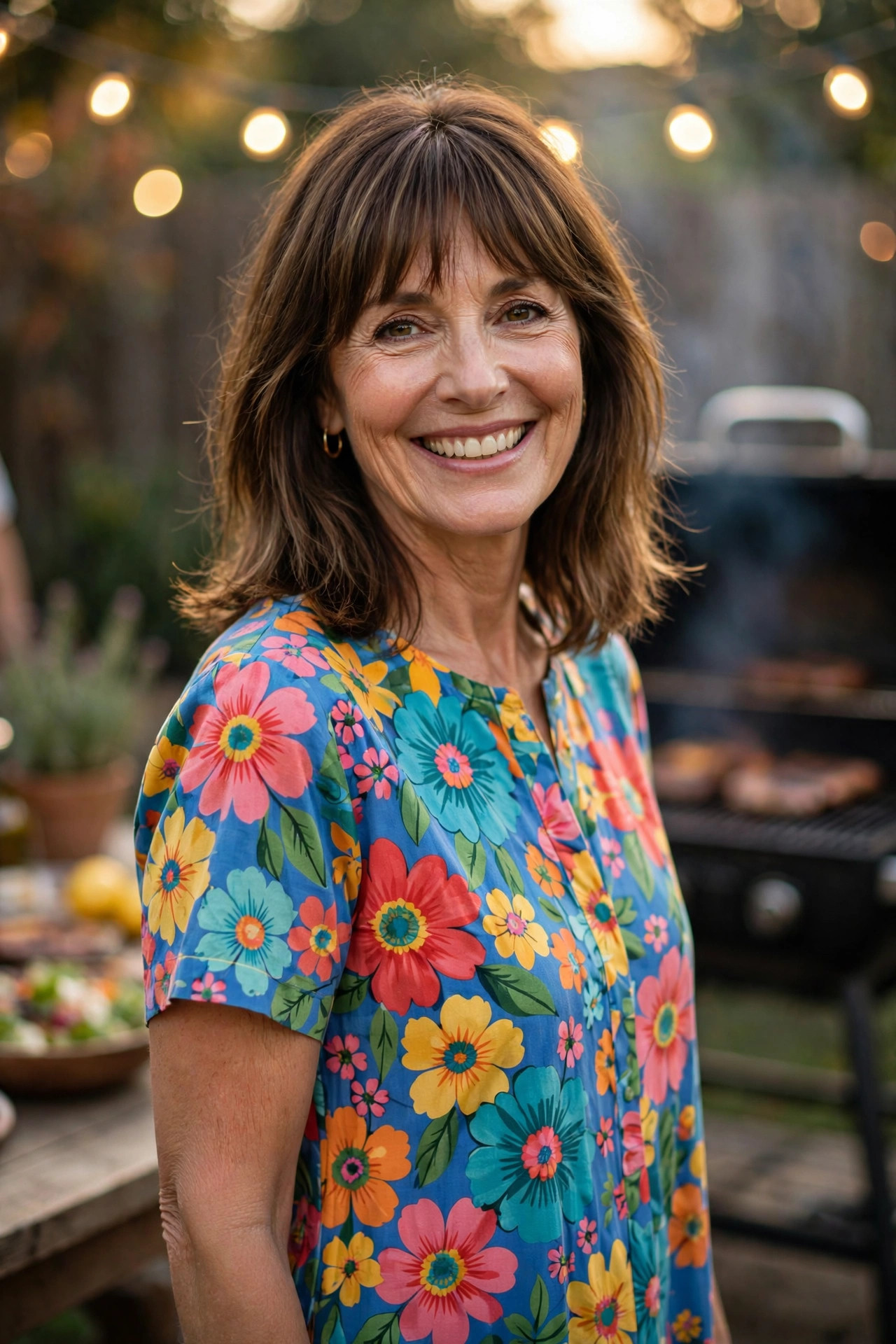 Smiling woman with shoulder-length brown hair and bangs wearing a bright blue floral print dress at a backyard BBQ with string lights, a summer party outfit