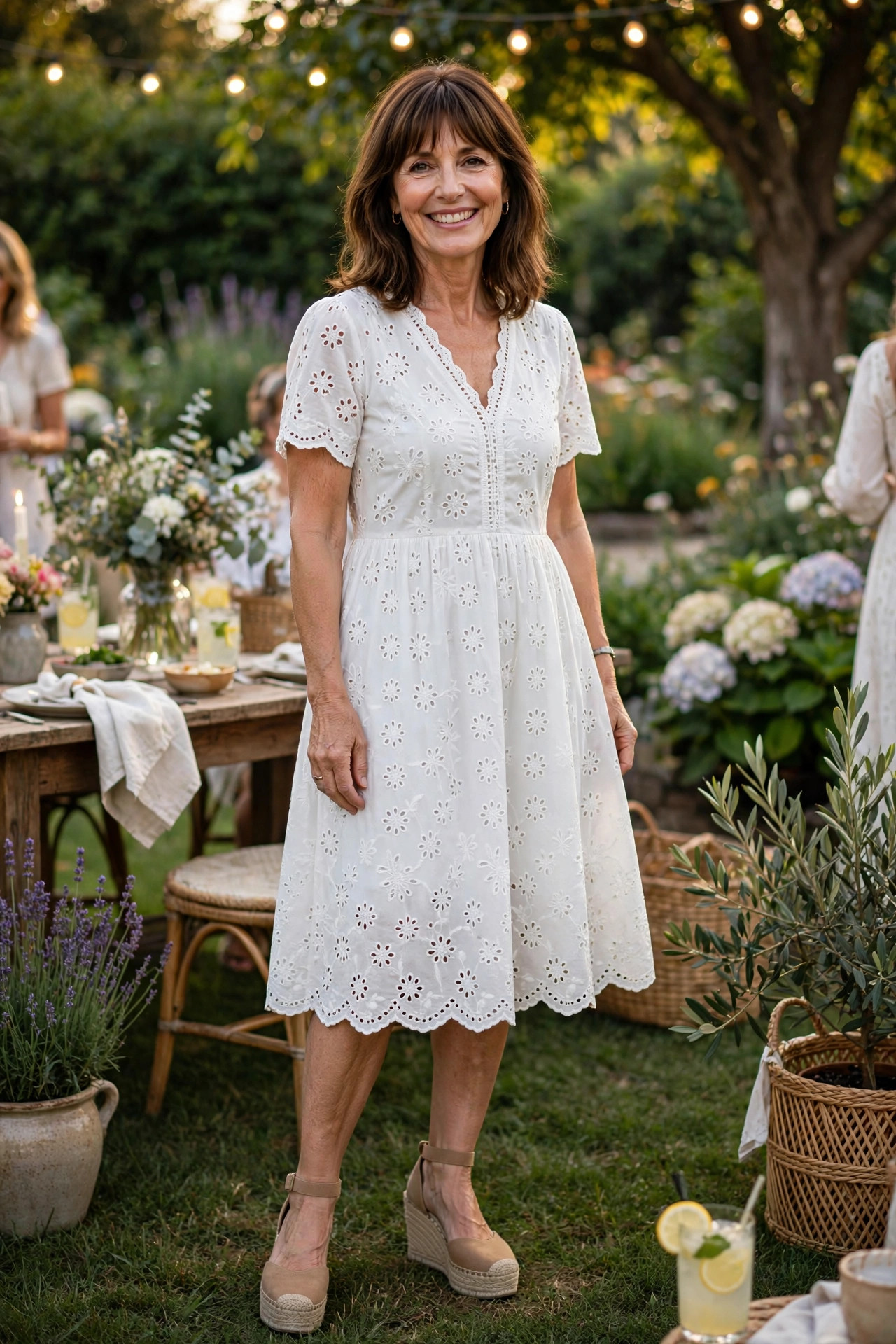 Smiling woman with shoulder-length brown hair and bangs wearing a white eyelet midi dress with tan wedge espadrilles on the grass at a garden party, a summer party outfit