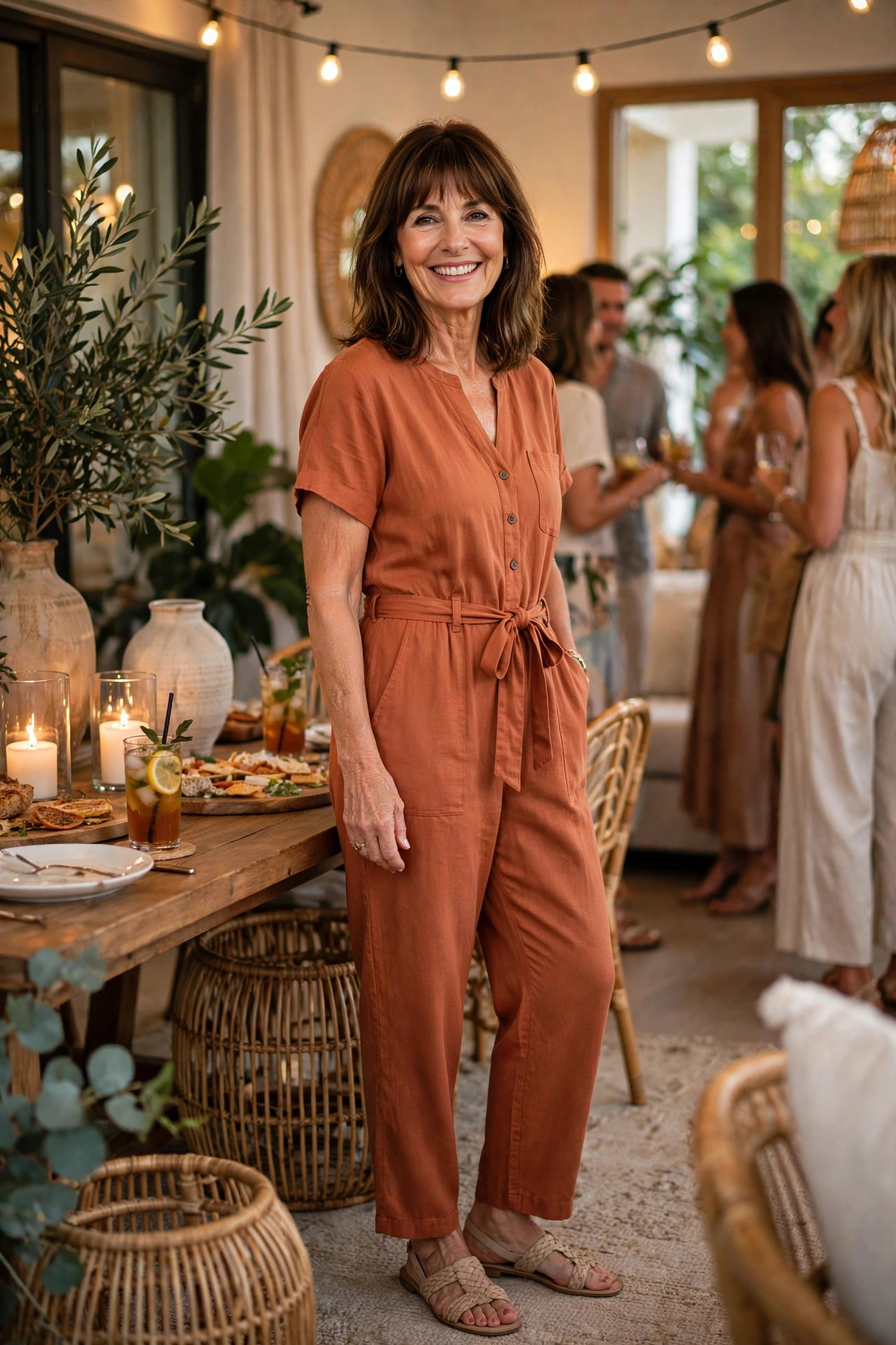 Smiling woman with shoulder-length brown hair and bangs wearing a terracotta belted jumpsuit with flat sandals at an indoor summer party, a summer party outfit