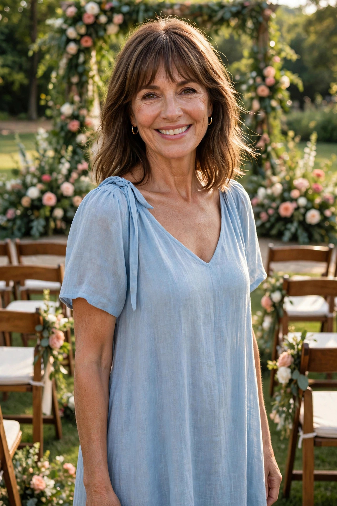 Smiling woman with shoulder-length brown hair and bangs wearing a light blue airy sundress in a bright sunlit wedding garden, a breathable summer wedding guest dress