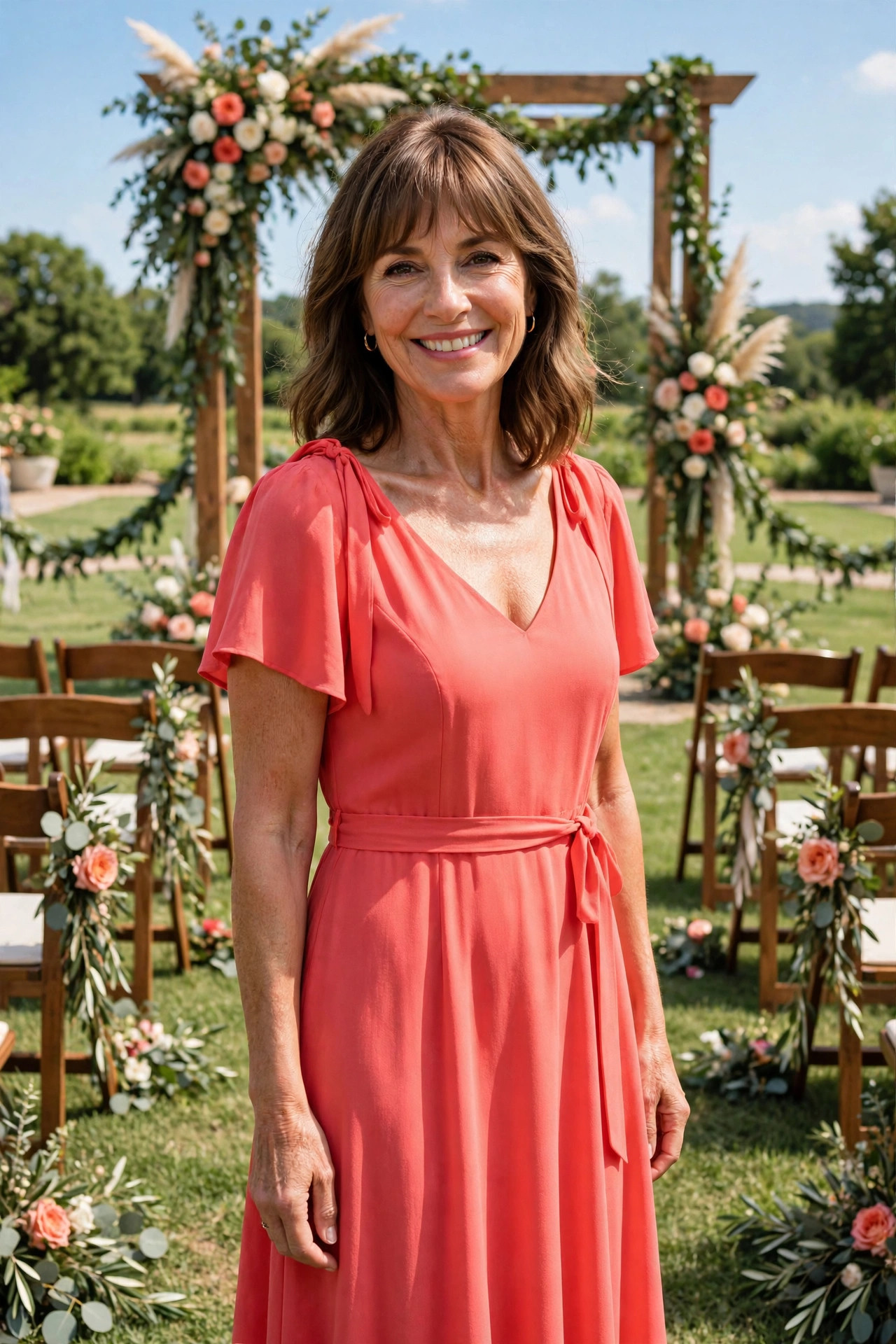 Smiling woman with shoulder-length brown hair and bangs wearing a bright coral midi dress at a sunny outdoor summer wedding, a summer wedding guest dress