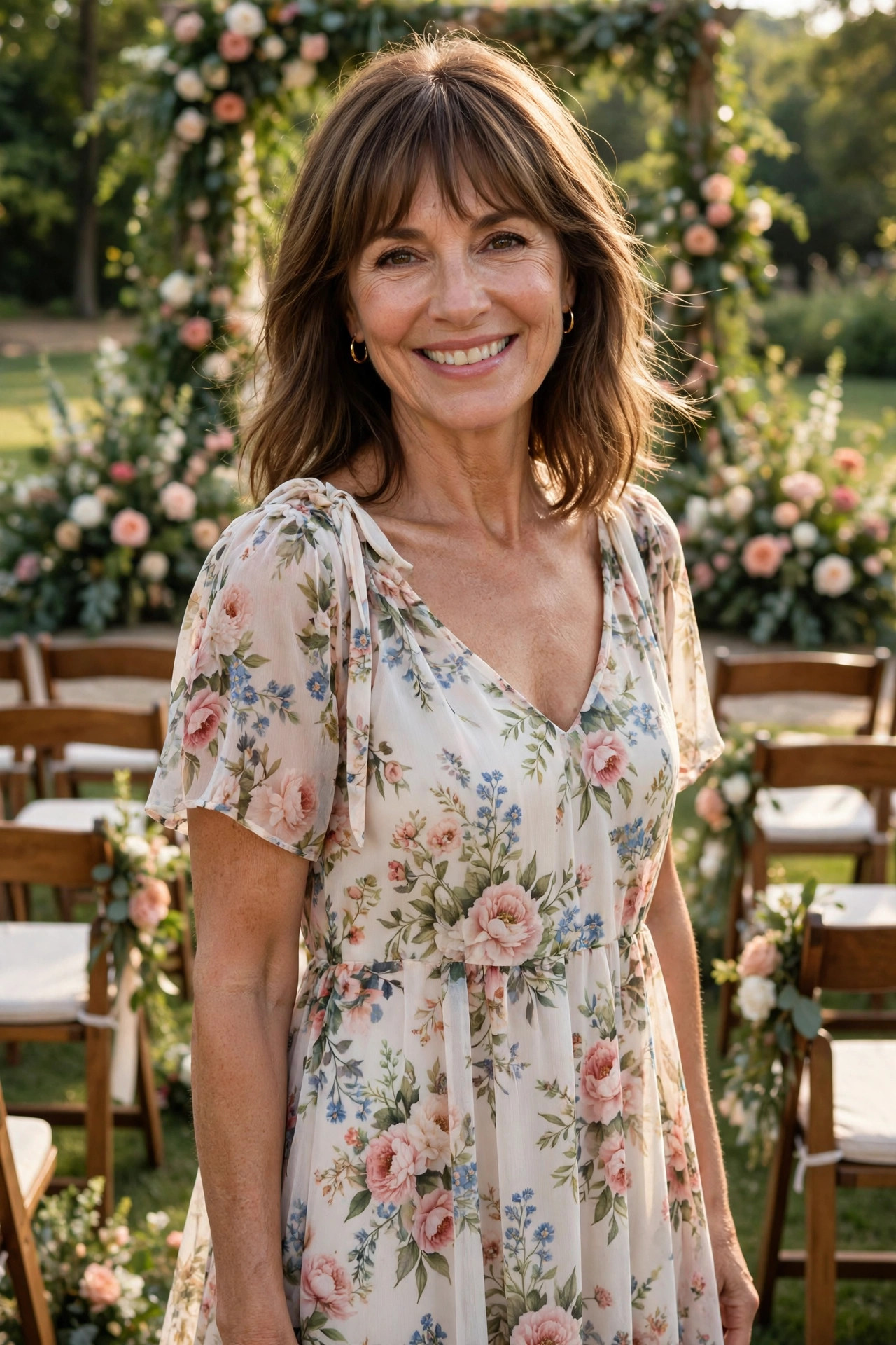 Smiling woman with shoulder-length brown hair and bangs wearing a pink and blue floral chiffon maxi dress at an outdoor summer wedding ceremony, a summer wedding guest dress