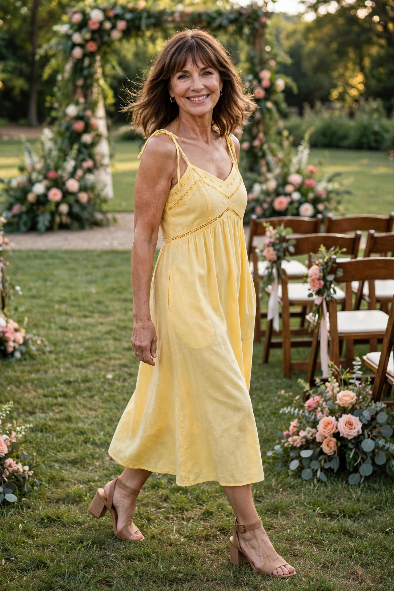 Smiling woman with shoulder-length brown hair and bangs wearing a yellow sundress with tan block-heel sandals, walking on the grass at an outdoor summer wedding, a summer wedding guest dress