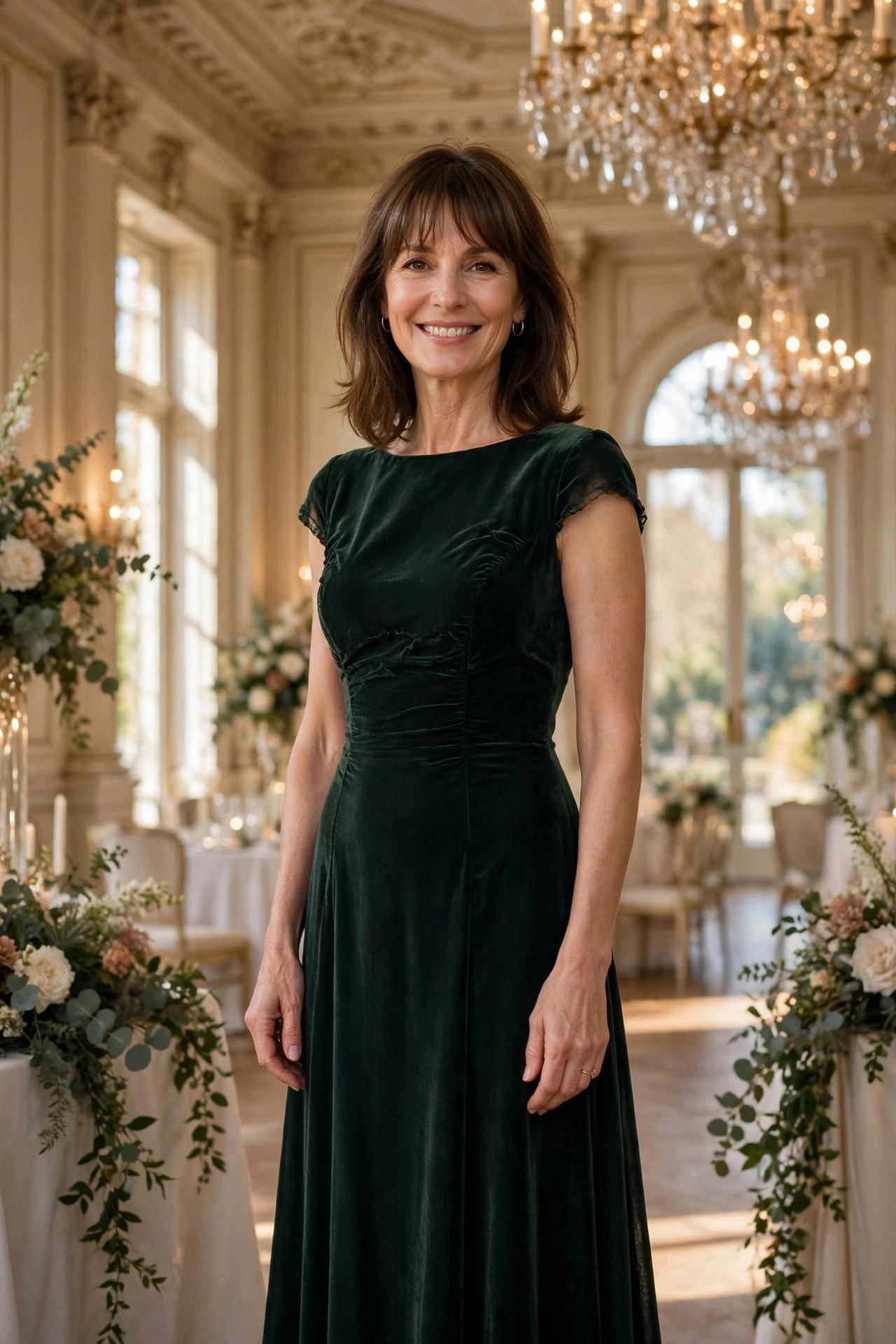 Smiling woman with shoulder-length brown hair and bangs wearing a formal dark green velvet dress in an elegant ballroom, an example of wedding guest outfits for women for black-tie dress codes