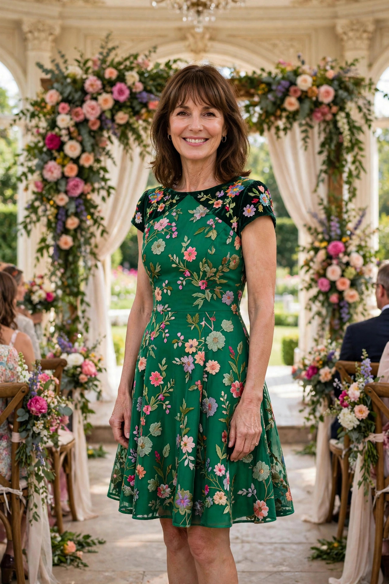Smiling woman with shoulder-length brown hair and bangs wearing a colorful emerald green floral cocktail dress, clearly not white, at a daytime wedding ceremony, a wedding guest outfit