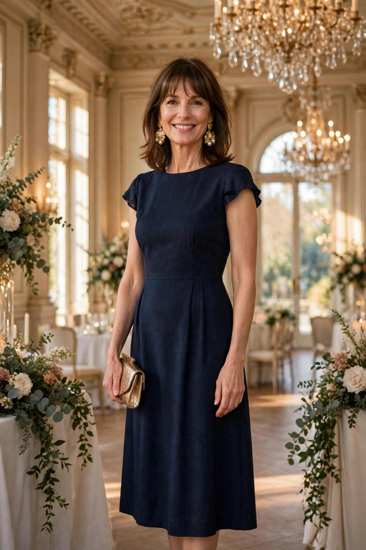 Smiling woman with shoulder-length brown hair and bangs wearing a navy midi dress with gold statement earrings and a metallic clutch at a wedding reception, a rewearable wedding guest outfit