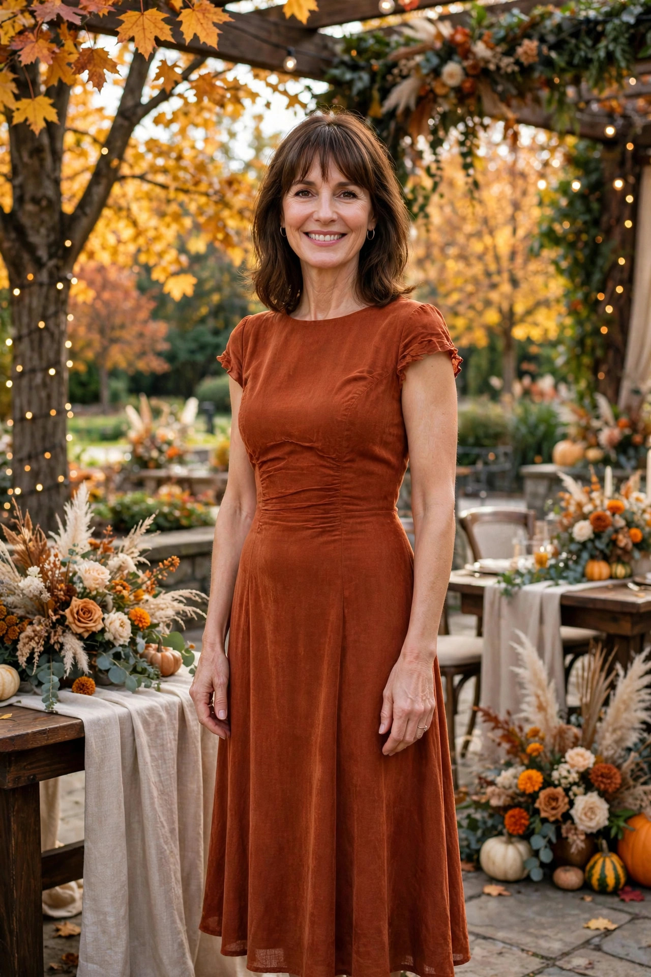Smiling woman with shoulder-length brown hair and bangs wearing a rust-orange midi dress at an outdoor fall wedding with autumn leaves, a seasonal wedding guest outfit