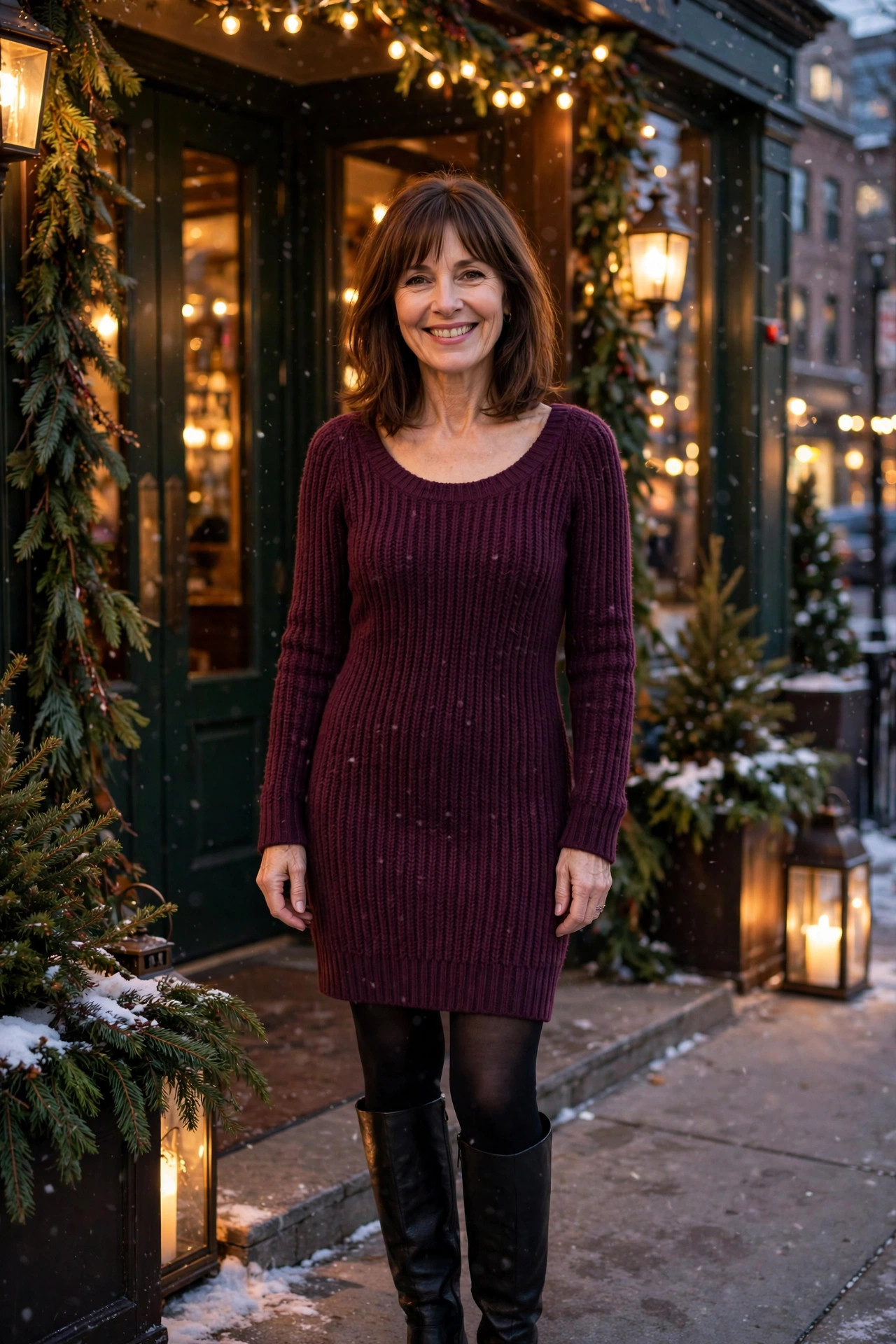 Smiling woman with shoulder-length brown hair and bangs wearing a plum knit dress with black tights and knee-high black boots outside a winter evening venue, a winter party outfit