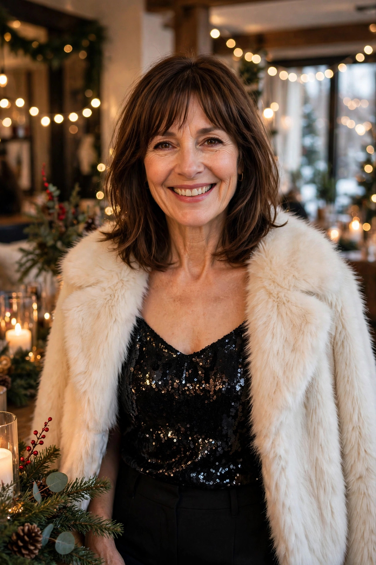 Smiling woman with shoulder-length brown hair and bangs wearing a black sequin top with black trousers and a white faux fur coat at a winter party, a winter party outfit