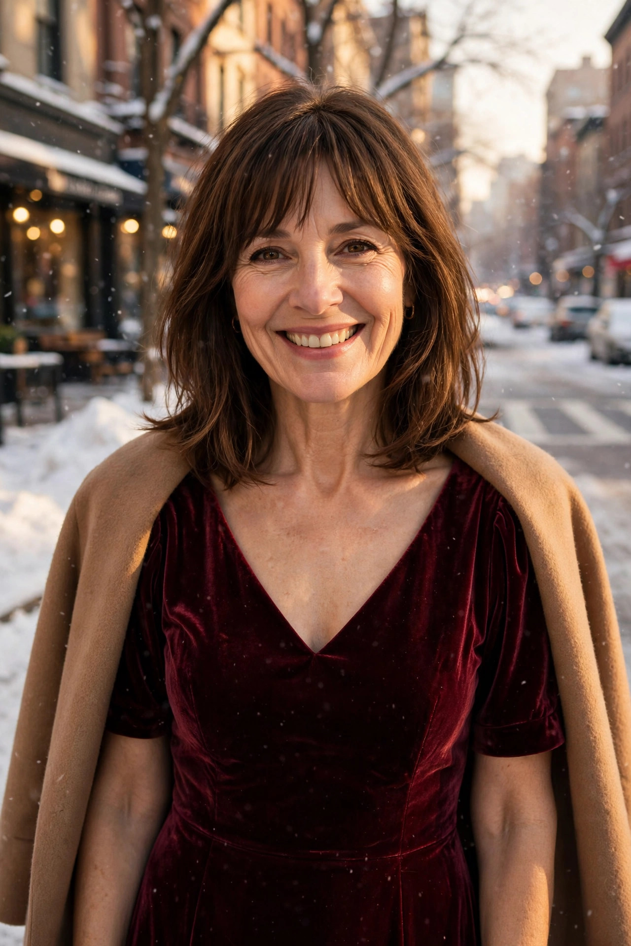 Smiling woman with shoulder-length brown hair and bangs wearing a burgundy velvet dress with a camel coat draped over her shoulders on a snowy street, a layered winter party outfit
