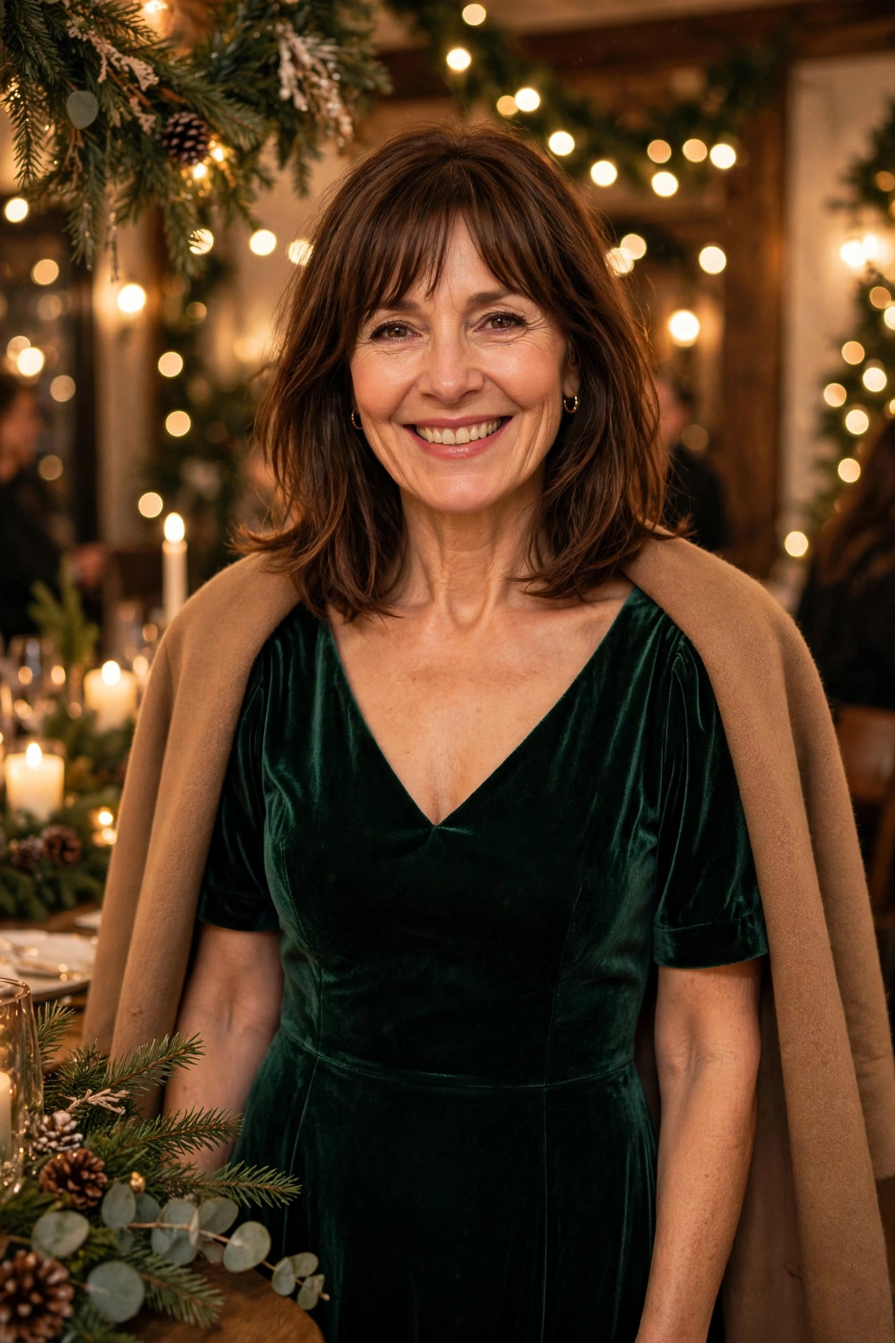 Smiling woman with shoulder-length brown hair and bangs wearing an emerald green velvet dress with a camel wrap at a festive winter party, a velvet winter party outfit