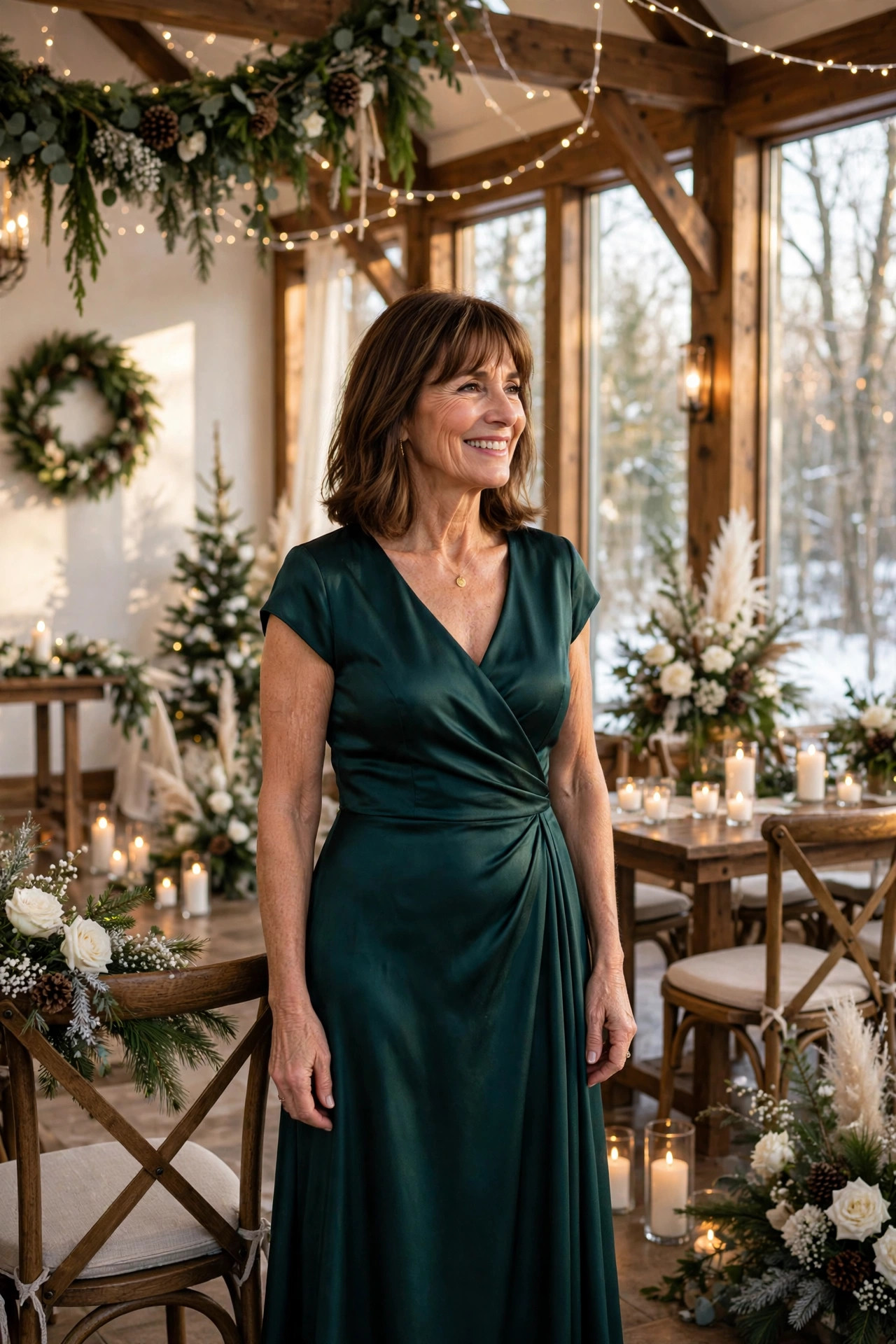 Smiling woman with shoulder-length brown hair and bangs wearing a deep emerald satin wrap dress in a candlelit winter wedding venue, a jewel-tone winter wedding guest outfit