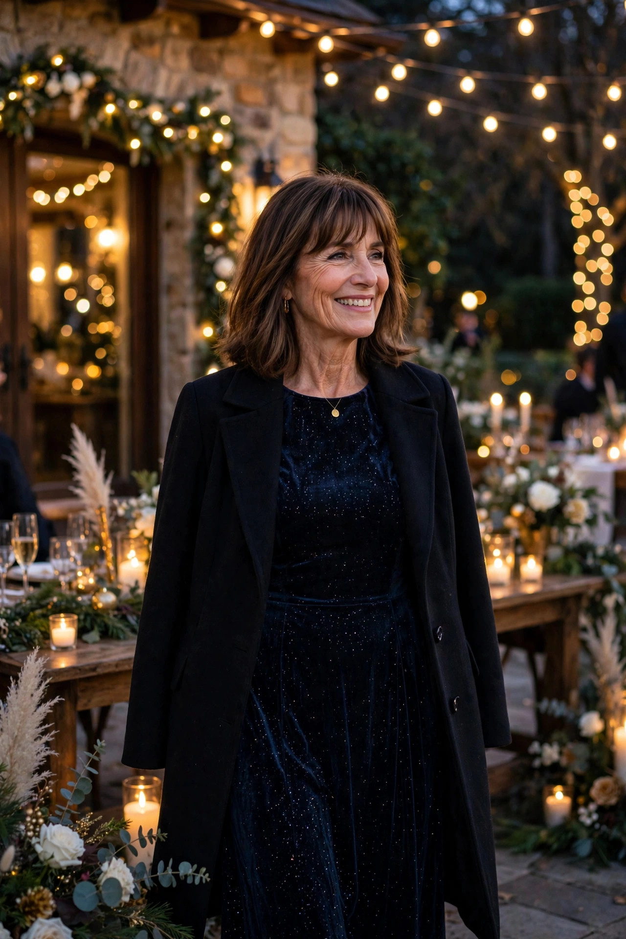 Smiling woman with shoulder-length brown hair and bangs wearing a sparkly midnight-blue velvet dress with a black coat at an evening winter wedding party with string lights, a New Year's Eve wedding guest outfit