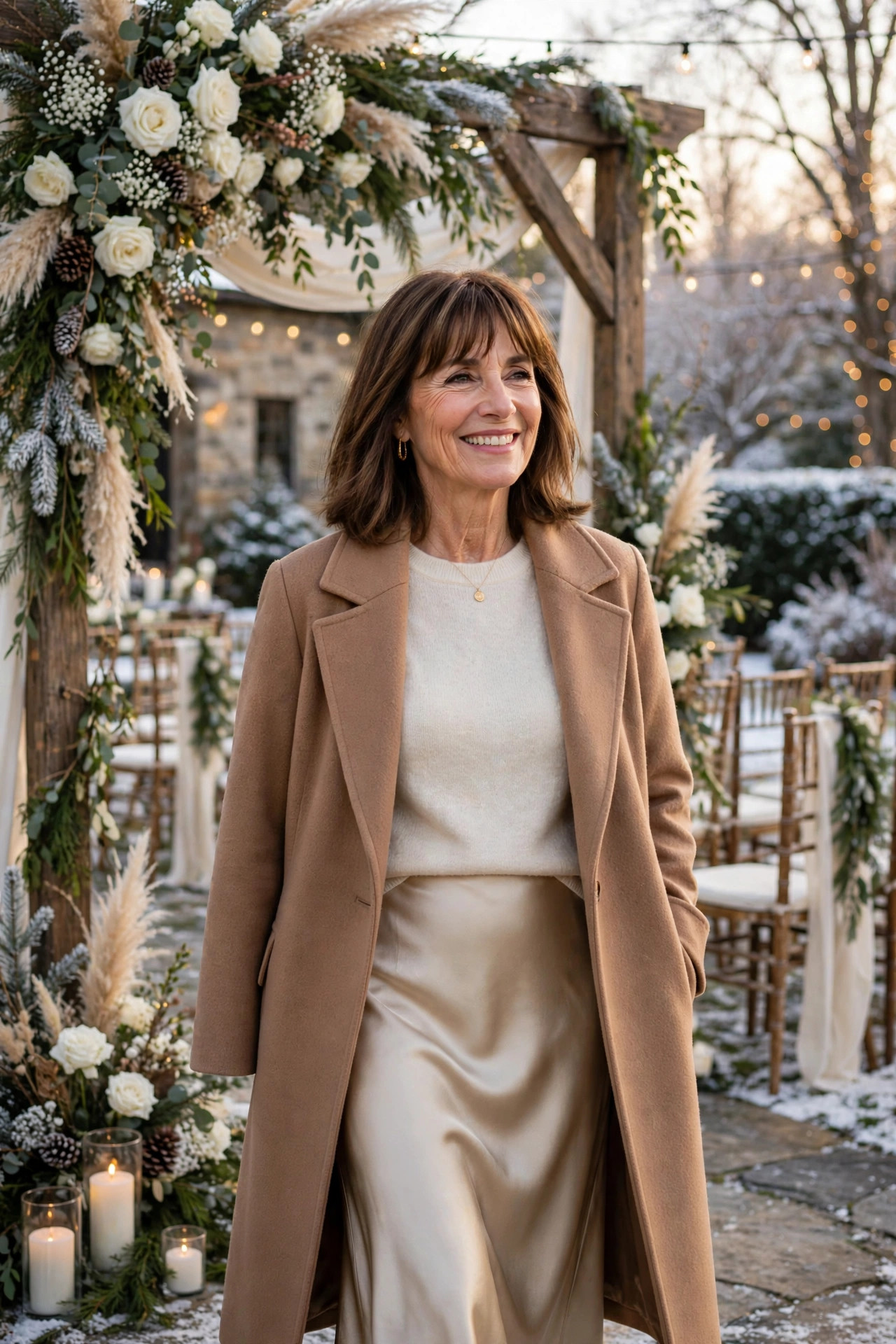 Smiling woman with shoulder-length brown hair and bangs wearing a champagne satin skirt with a cream sweater and camel coat at a snowy winter wedding venue, a layered winter wedding guest outfit